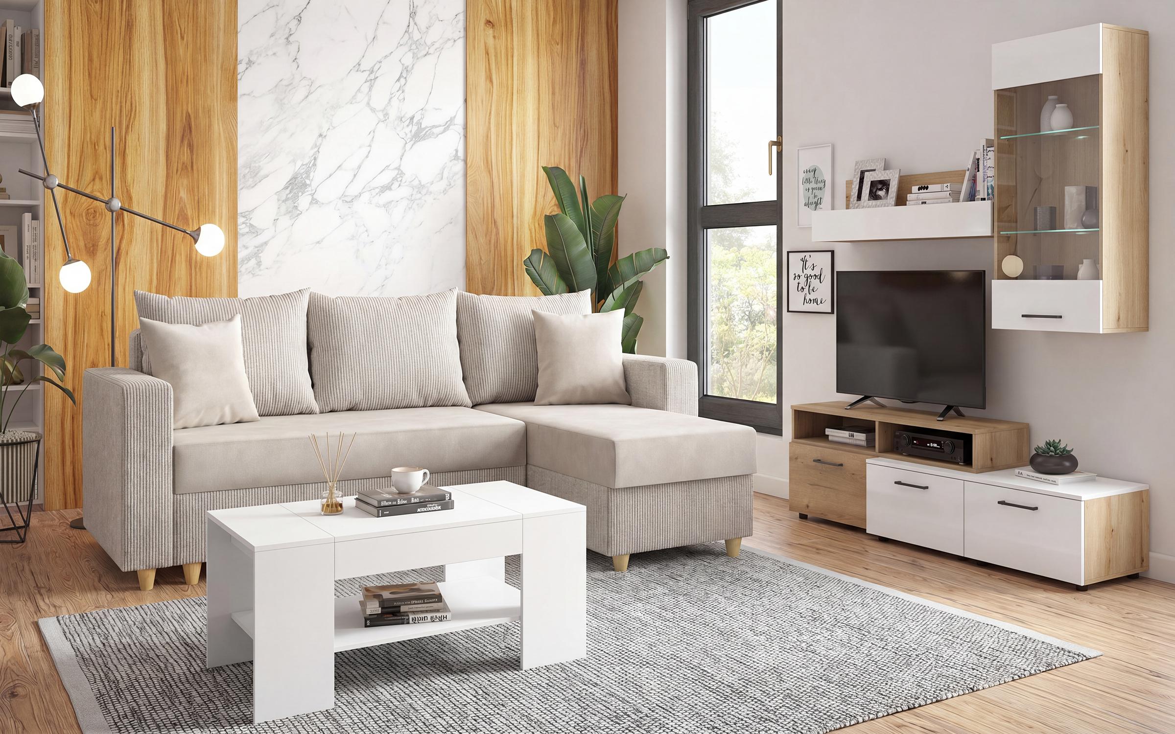 Set living Finix, bej deschis + stejar evoc + alb lucios + alb mat  1
