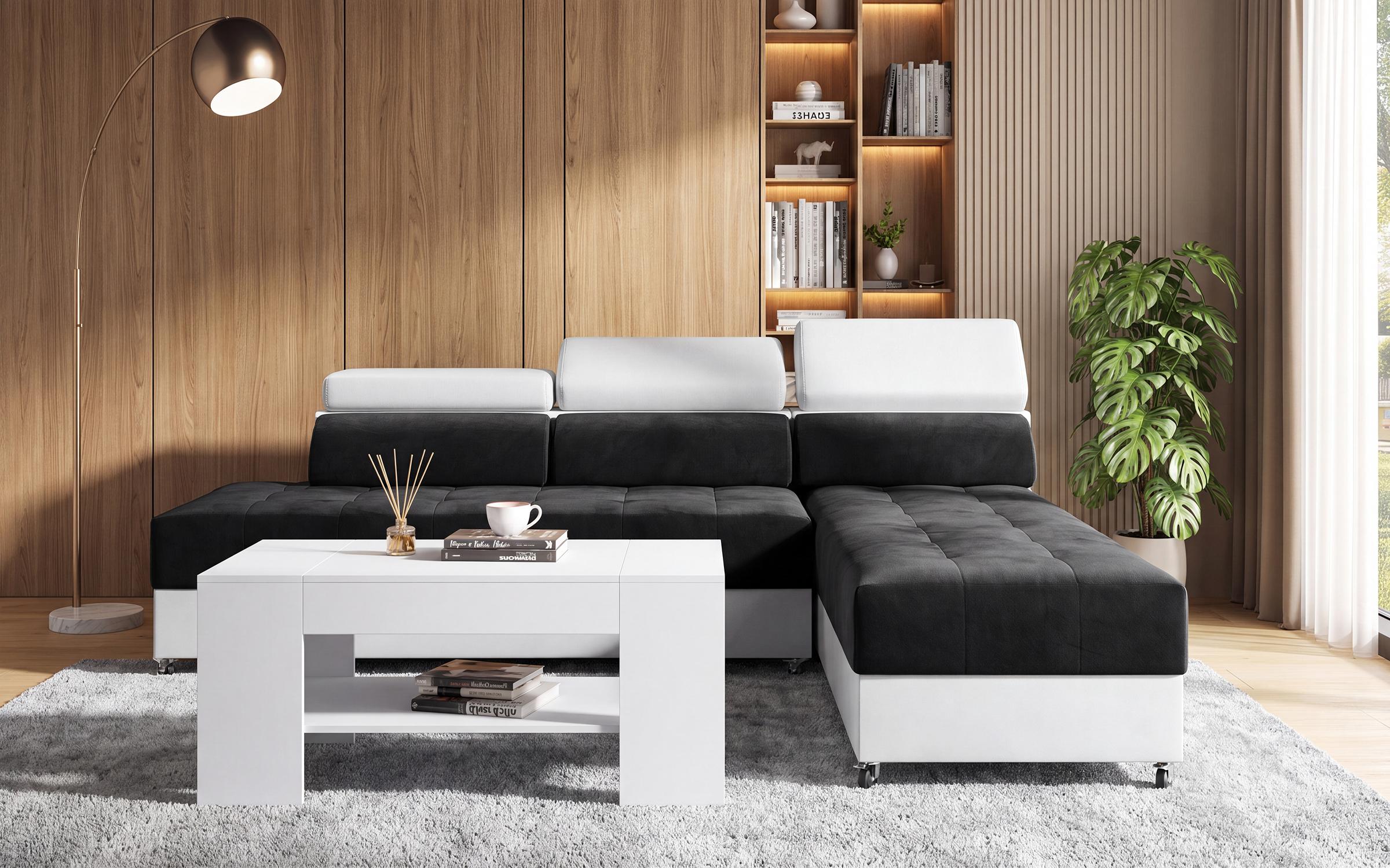 Set Coltar pentru livind Galans + masuta de cafea Ines, negru + piele alba  1