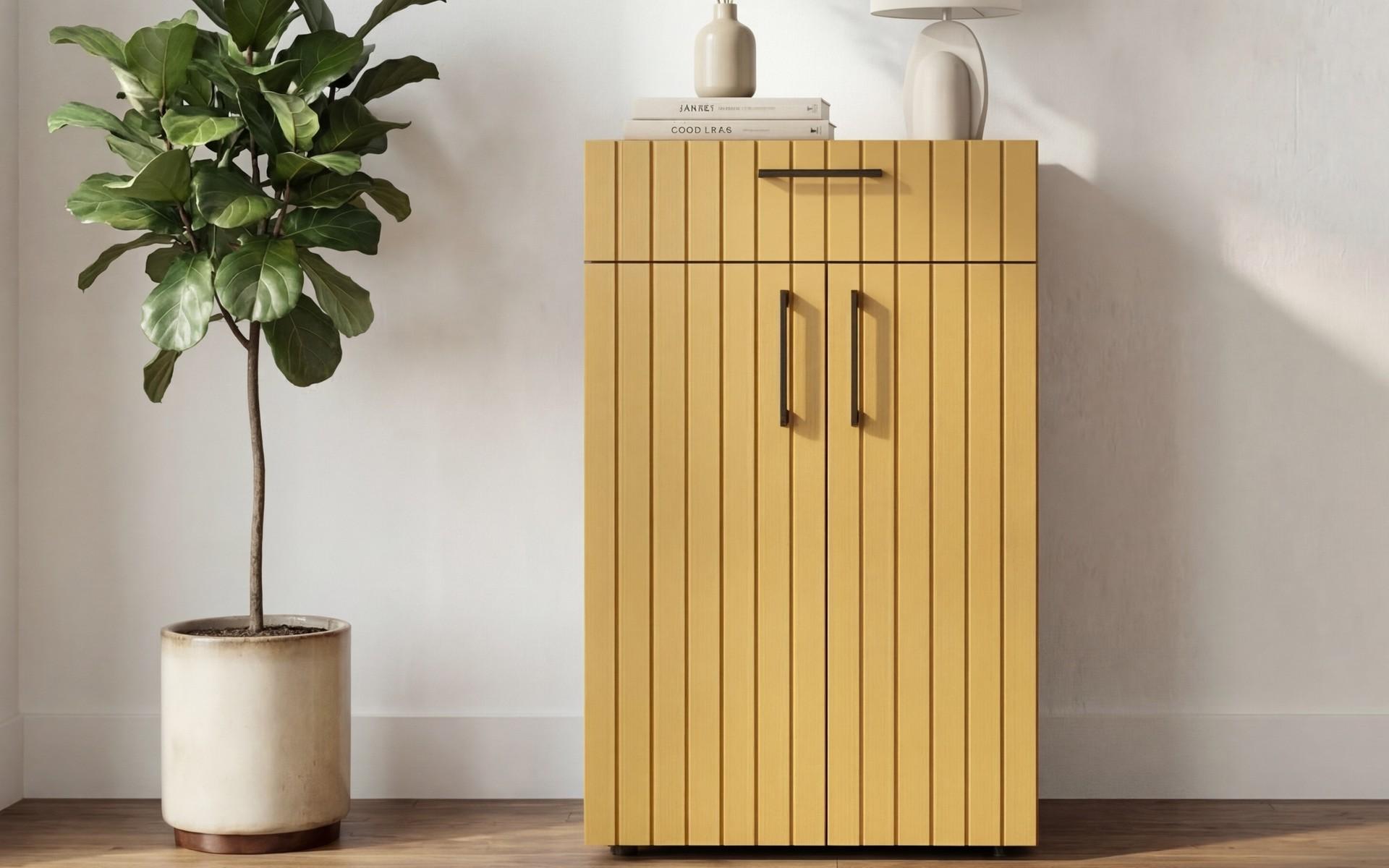 Comoda Senso, stejar scandinav inchis + satin galben  3