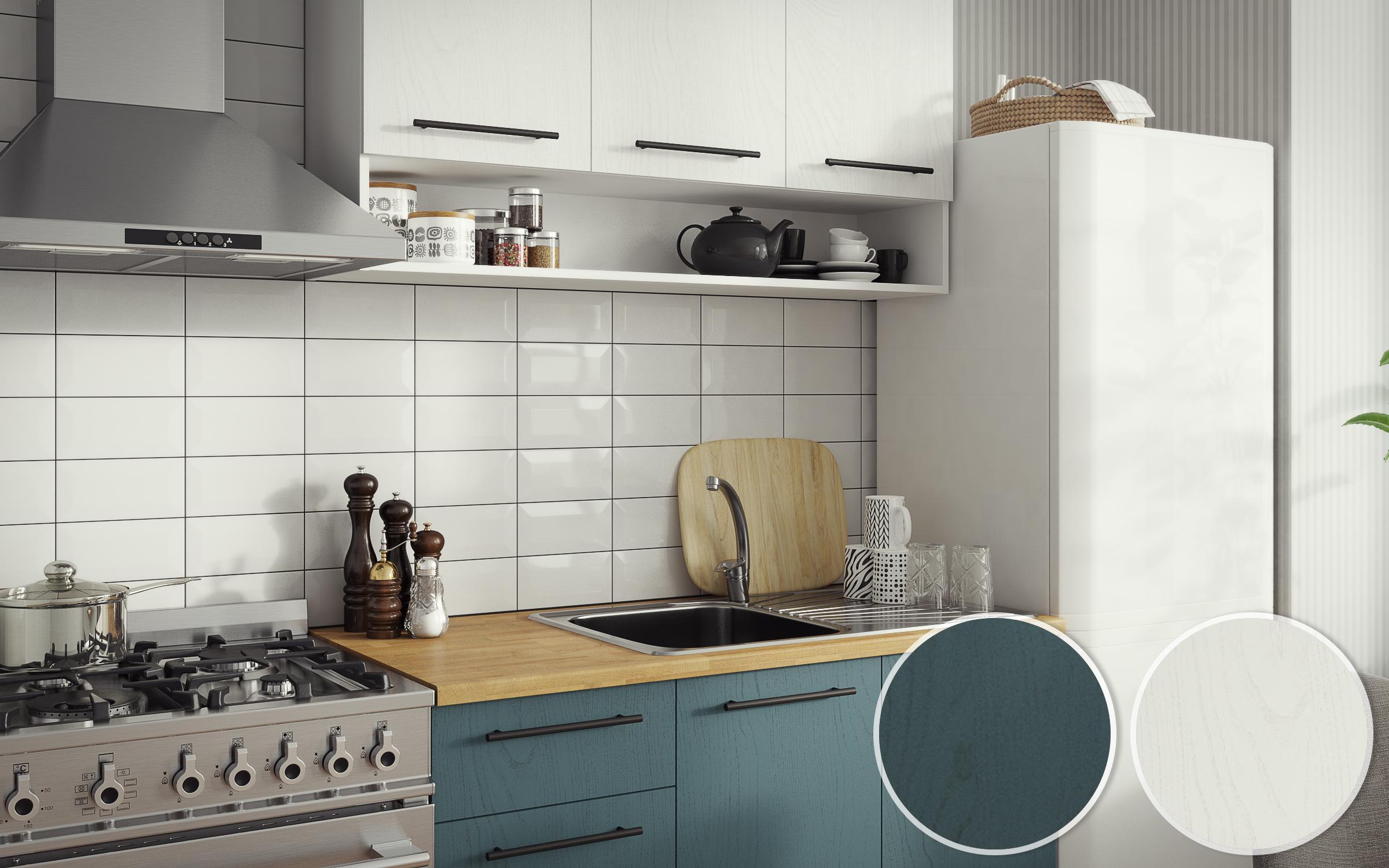Bucatarie + masa dining Tifani + Aurea XL, shagreen alb + turcoaz + alb + nisipiu mat + petrol  3