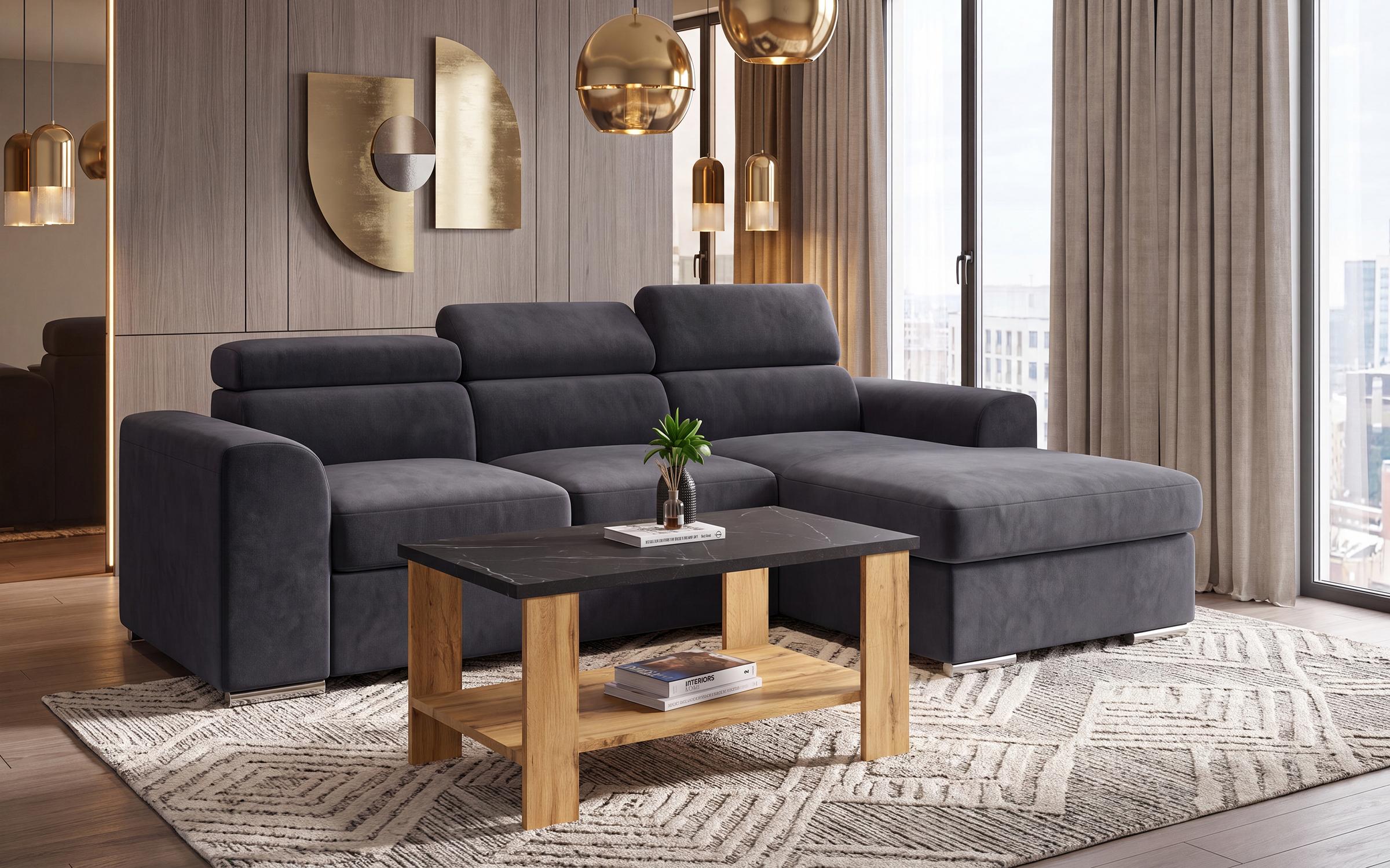 Set Coltar extensibil morgan +  masuta de cafea Nesta, gri inchis + stejar wotan + marmura Tunis  1