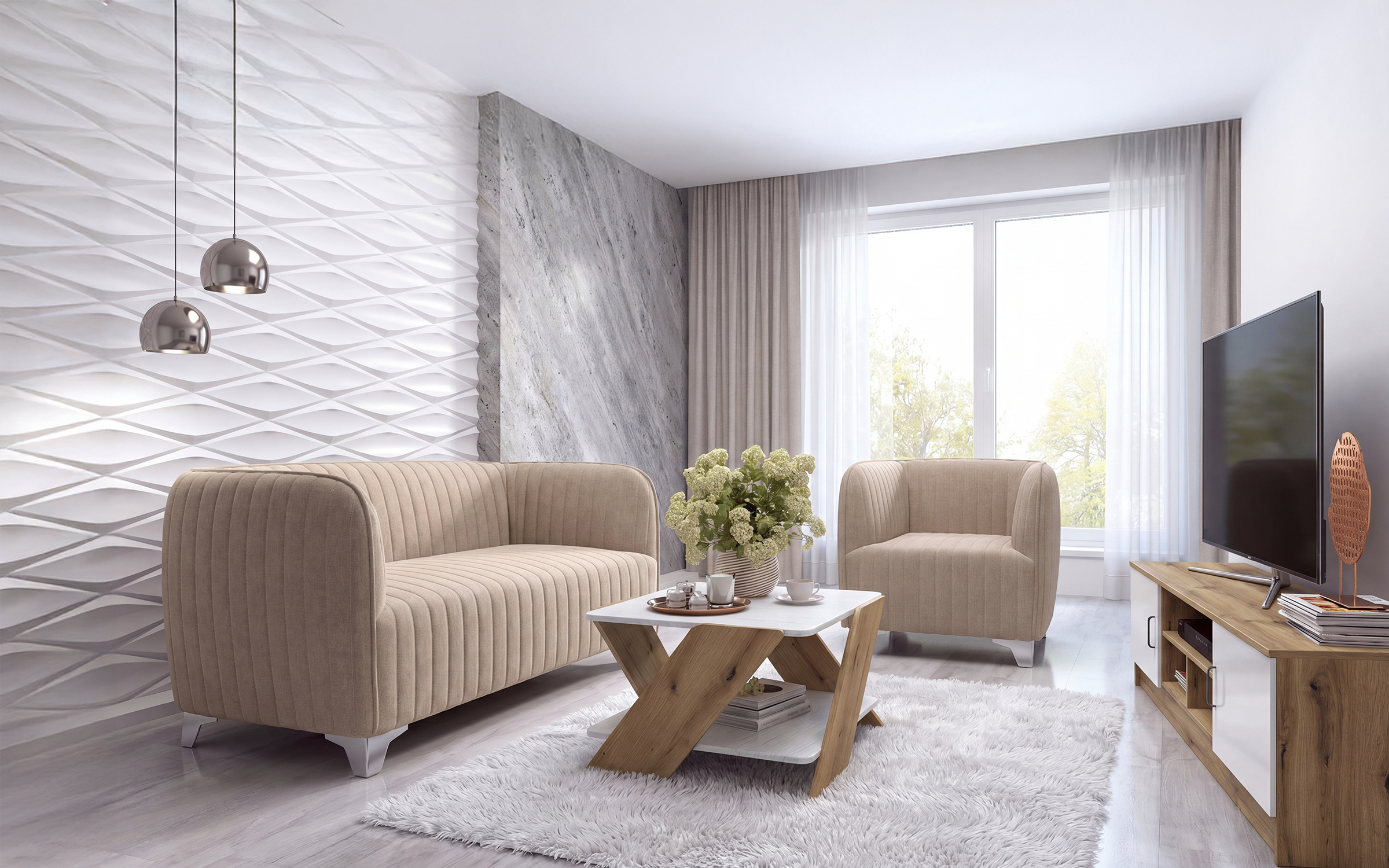 Set living Makao, bej inchis + stejar evoc + alb lucios + stejar evoc + aspen alb  2