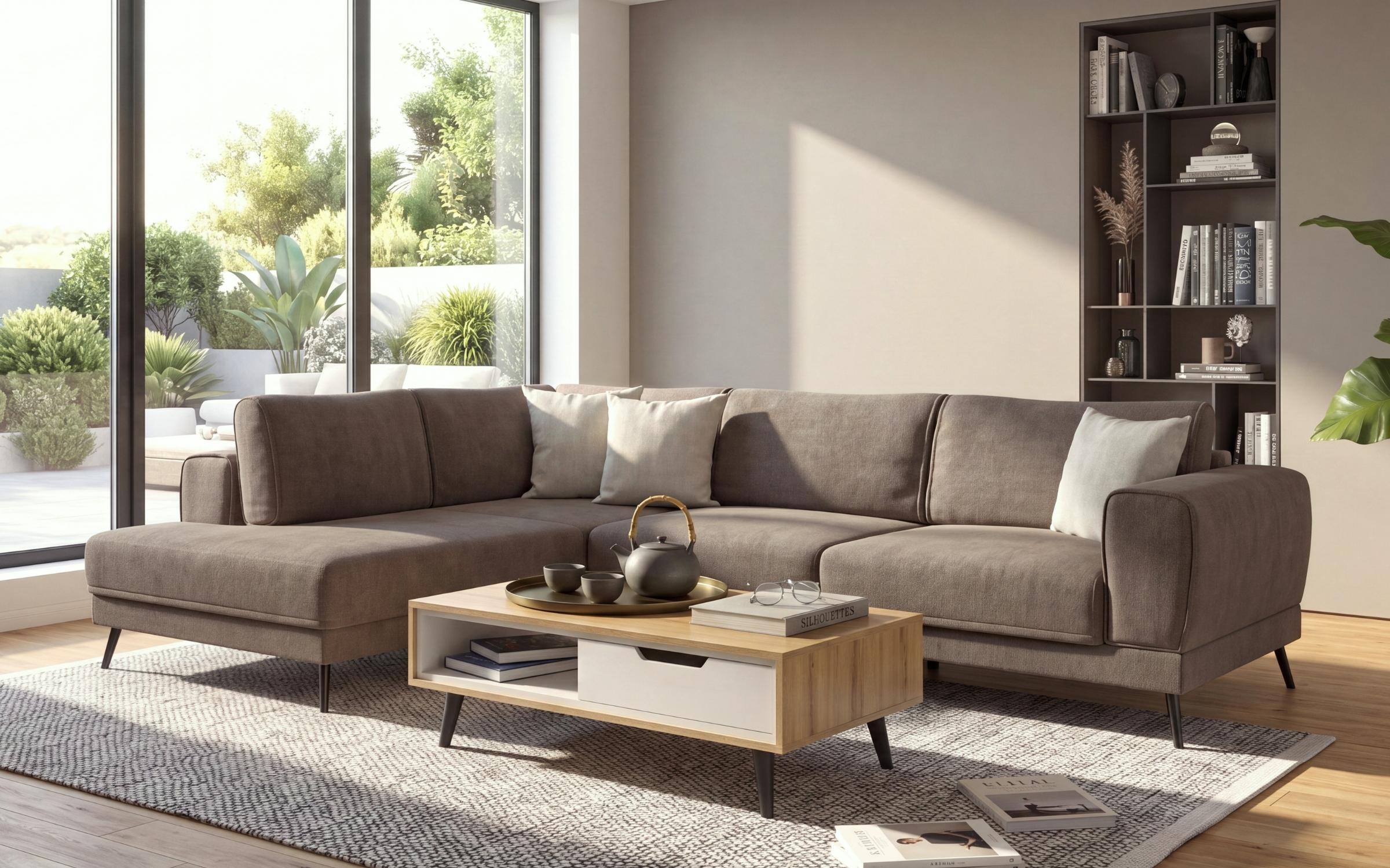 Set Coltar pentru living Aston +  masuta de cafea Morano, maro + bej + stejar evoc + Silk  1