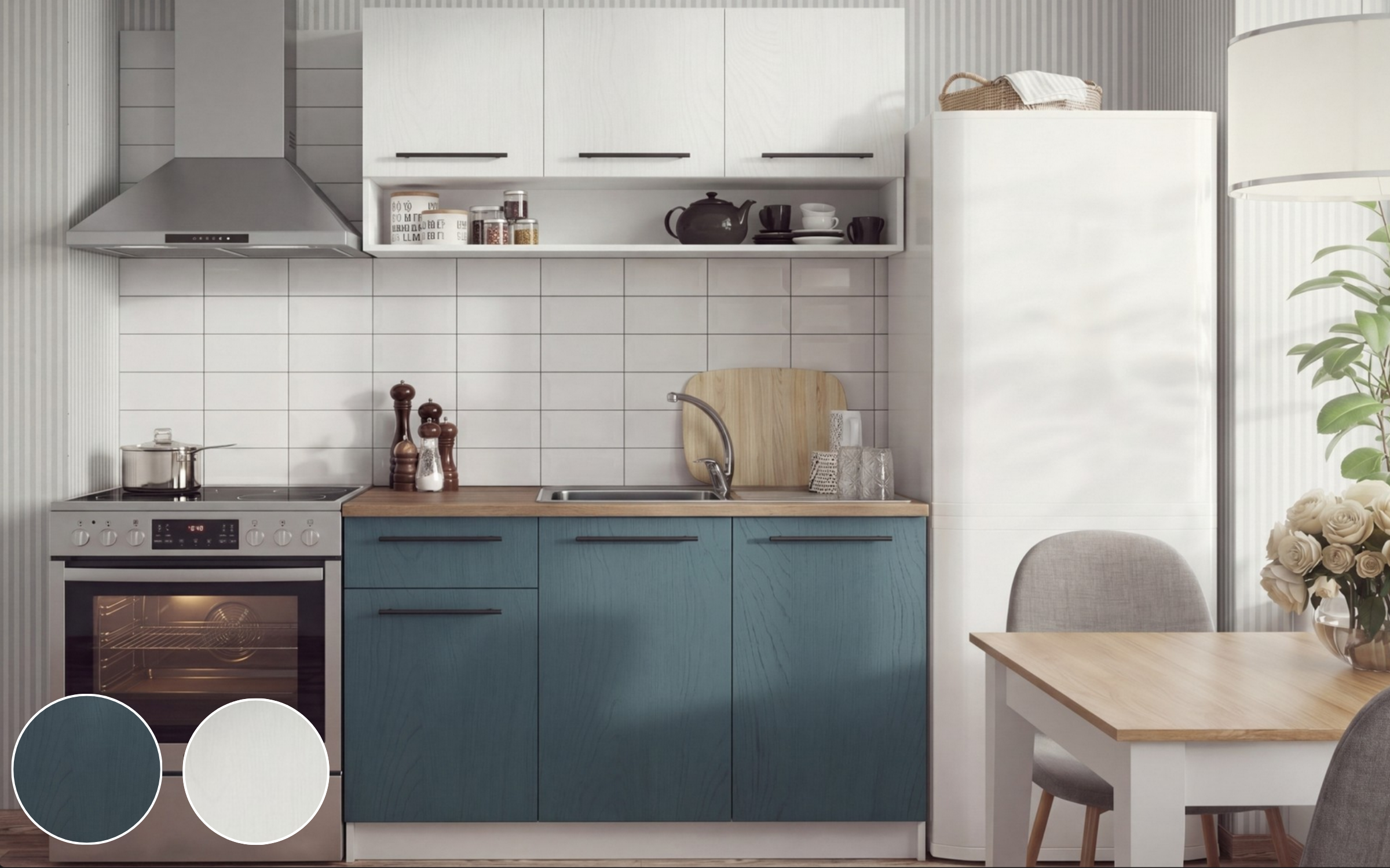Bucatarie + masa dining Tifani + Aurea XL, shagreen alb + turcoaz + alb + nisipiu mat + petrol  2