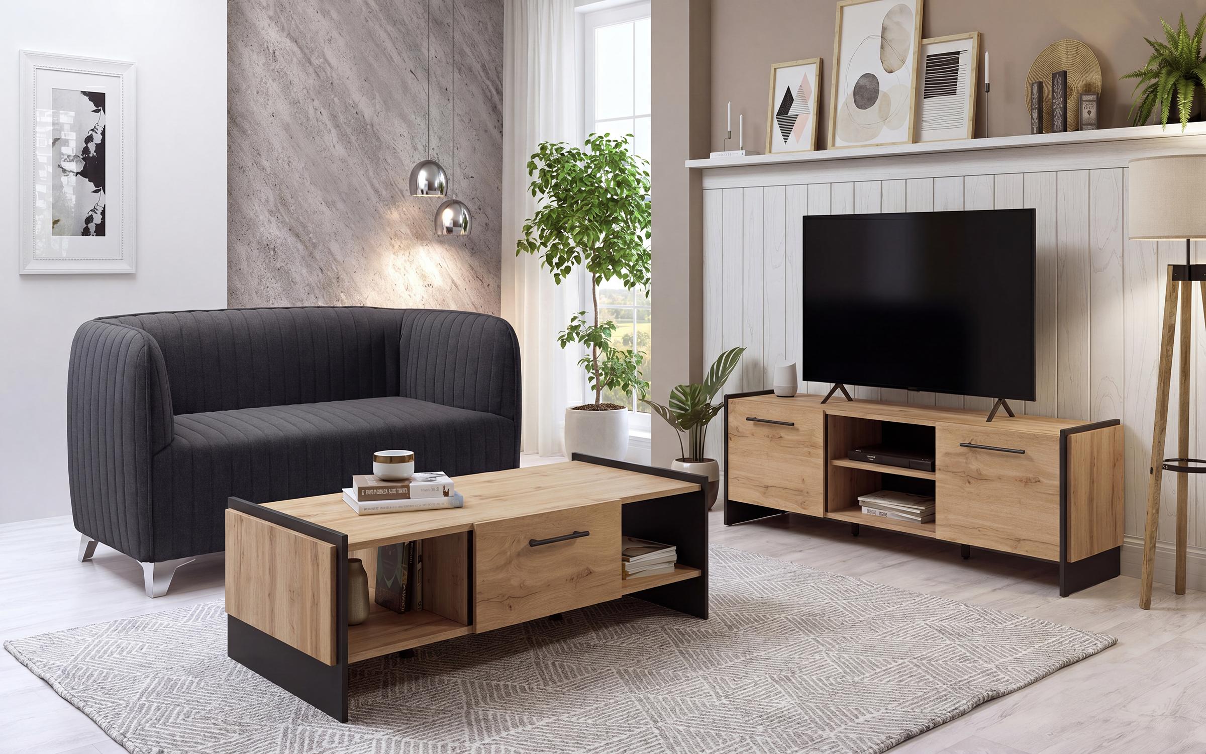 Set living Makao, gri inchis + stejar wotan + negru + stejar wotan + negru  1