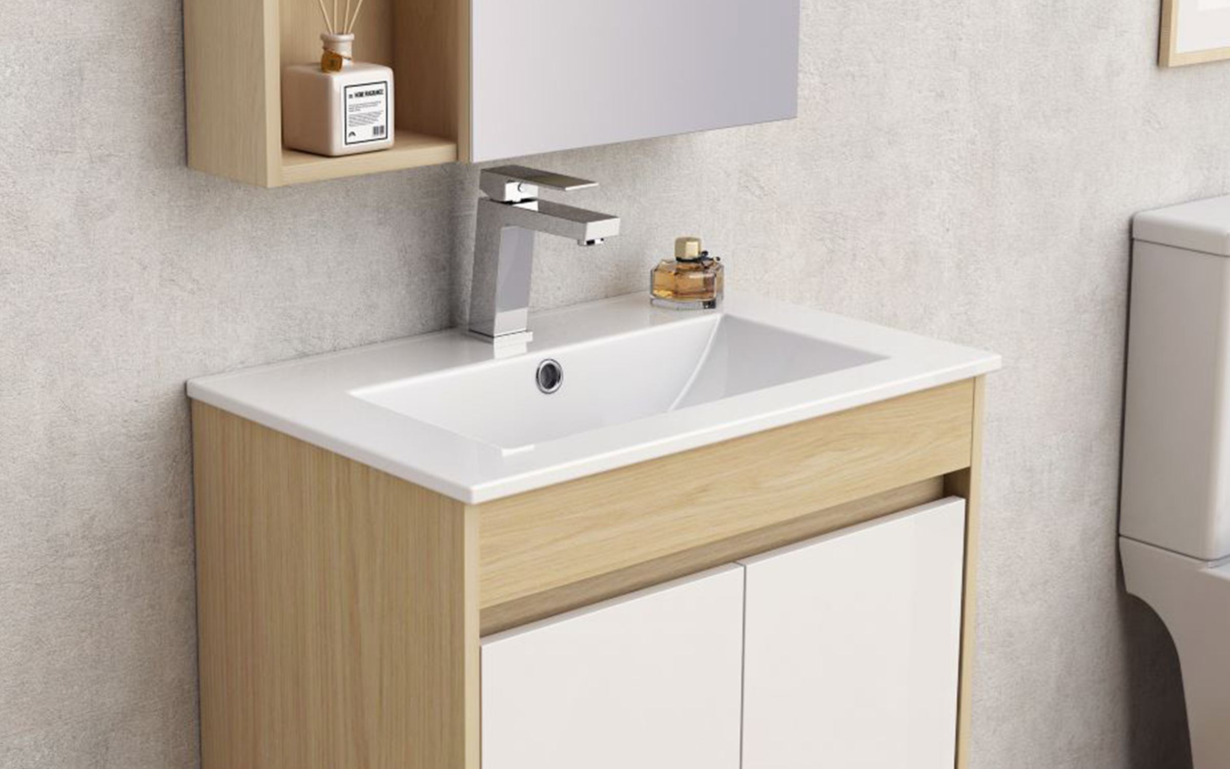 Dulap PVC pentru baie cu chiuveta ICP6045-085, alb + natural  2