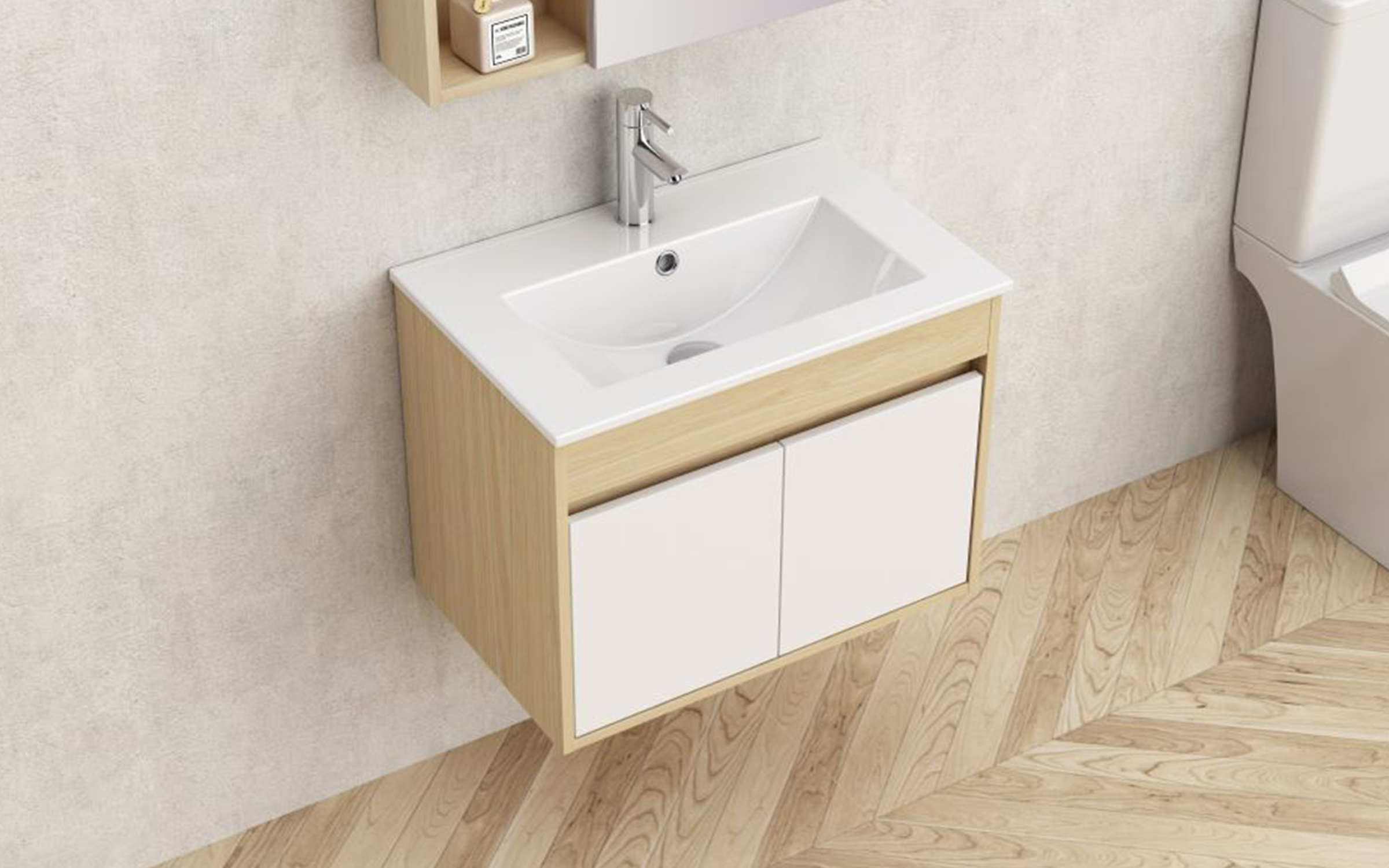 Dulap PVC pentru baie cu chiuveta ICP6045-085, alb + natural  3