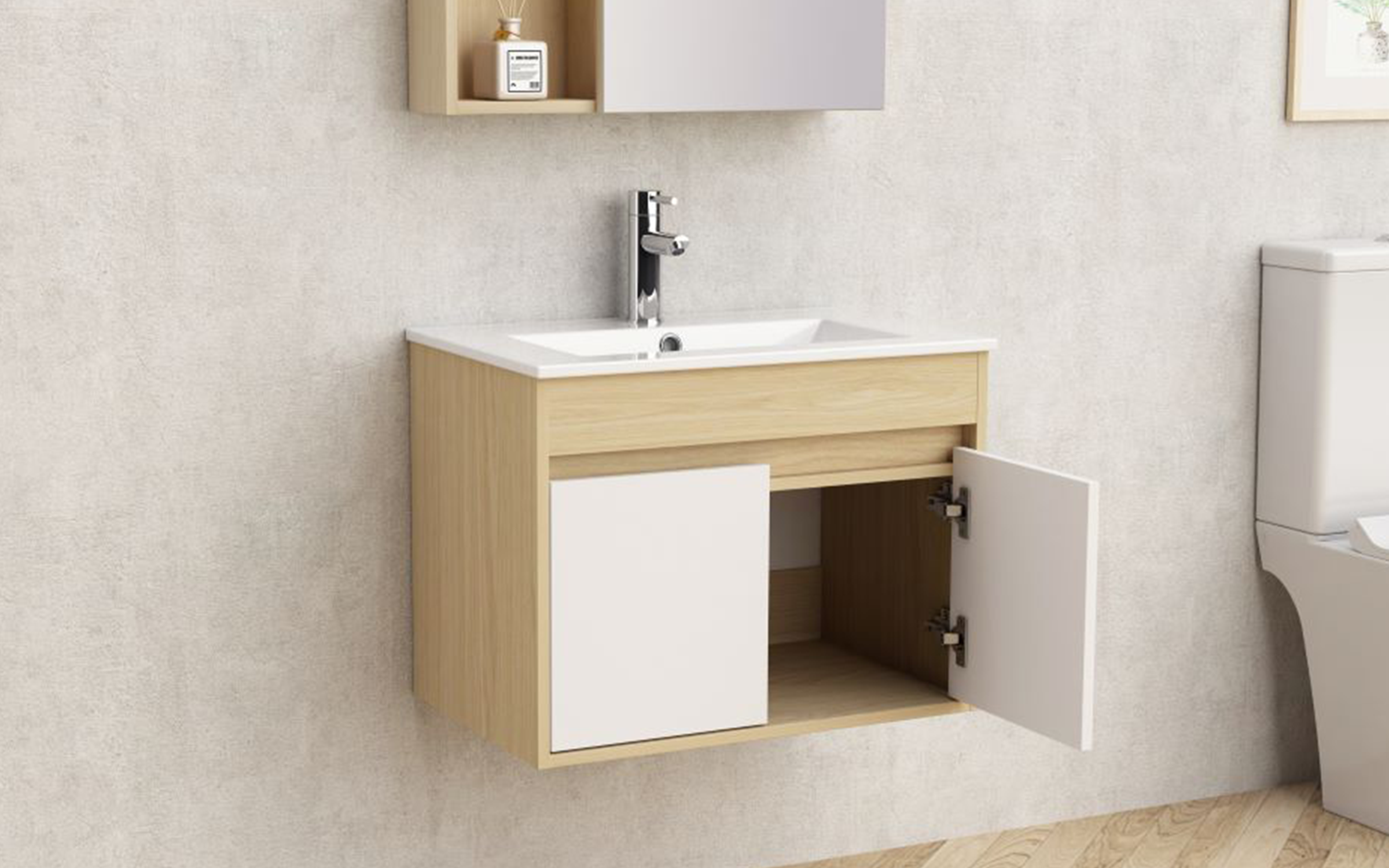 Dulap PVC pentru baie cu chiuveta ICP6045-085, alb + natural  4