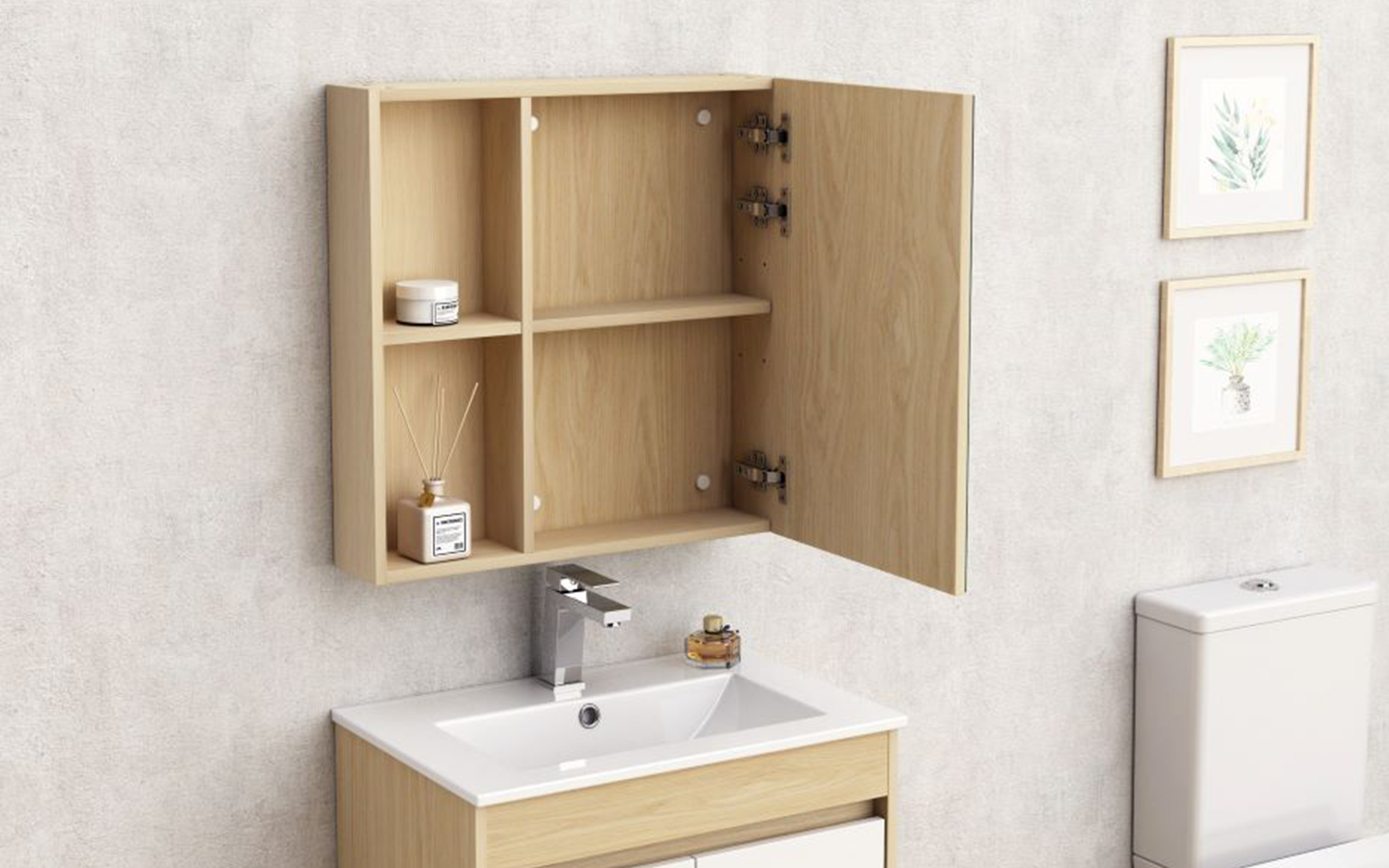 Dulap PVC pentru baie cu oglinda ICMC6060-085, natural  2