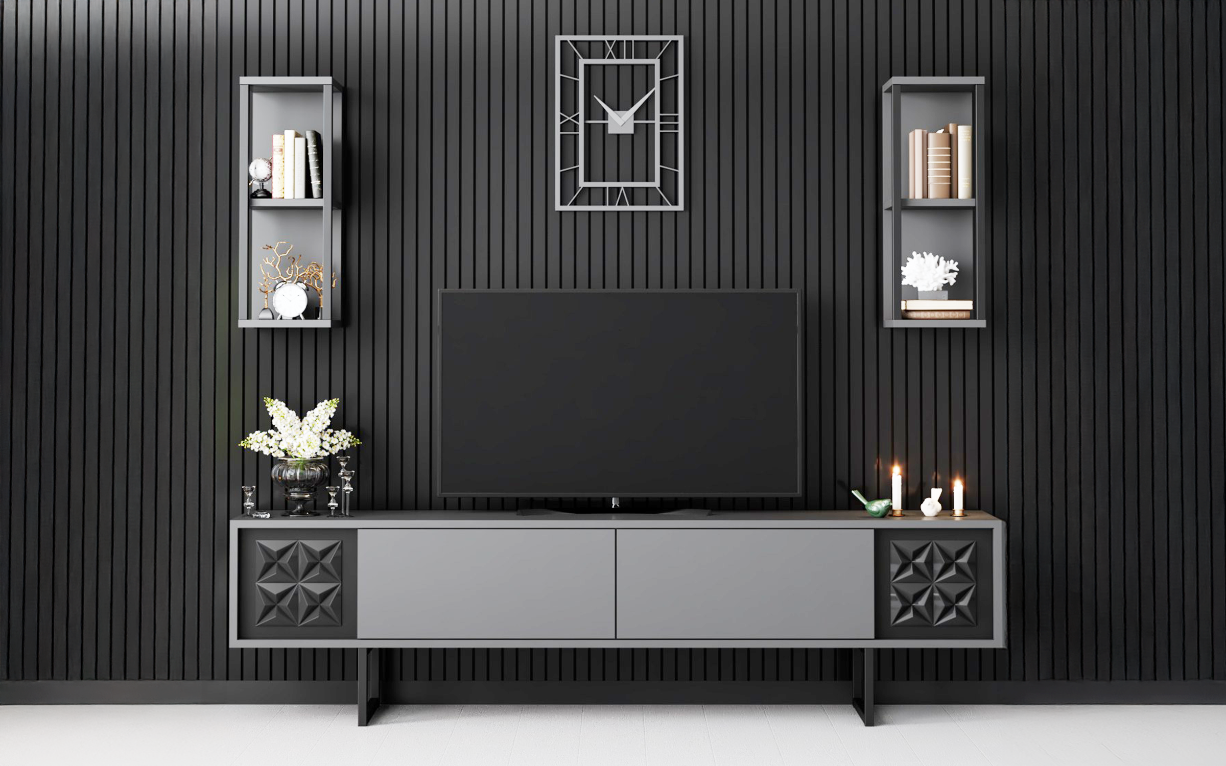 Modul TV + 2 buc. etajera Linus A, antracit + negru  3