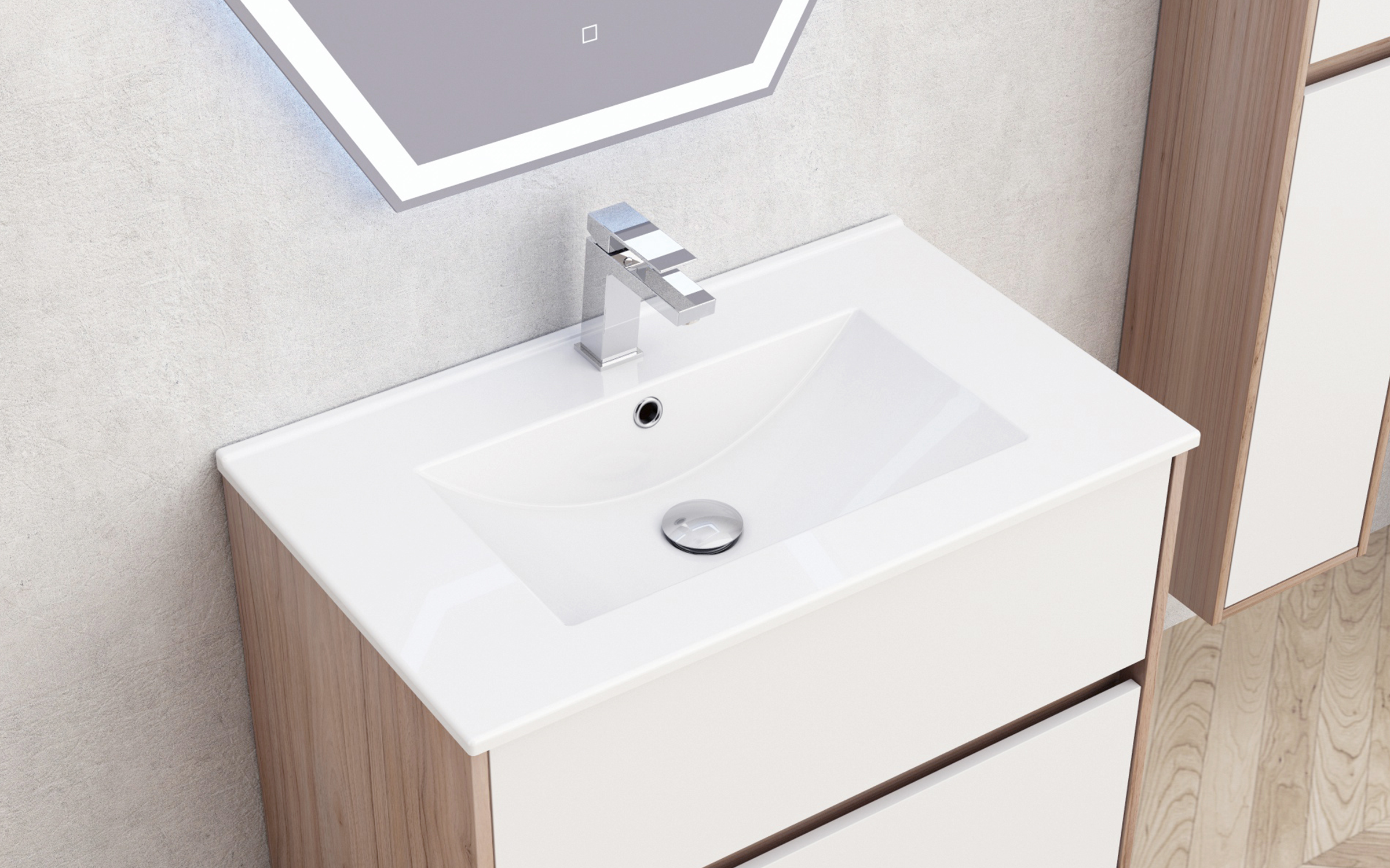 Dulap PVC pentru baie cu chiuveta ICP7555, alb + natural  3