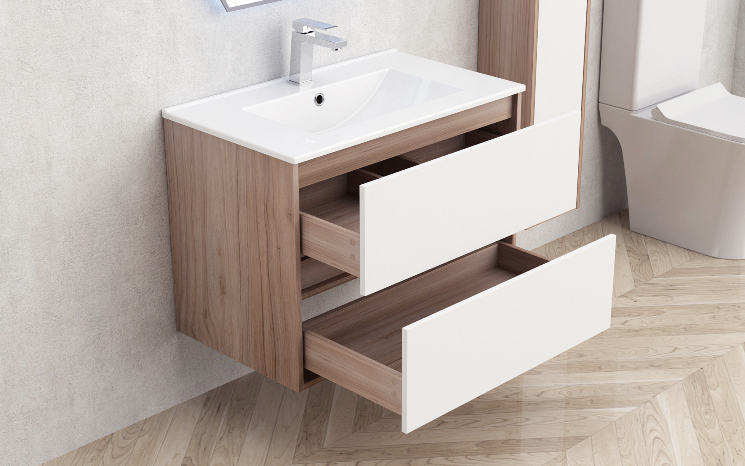 Dulap PVC pentru baie cu chiuveta ICP7555, alb + natural  2
