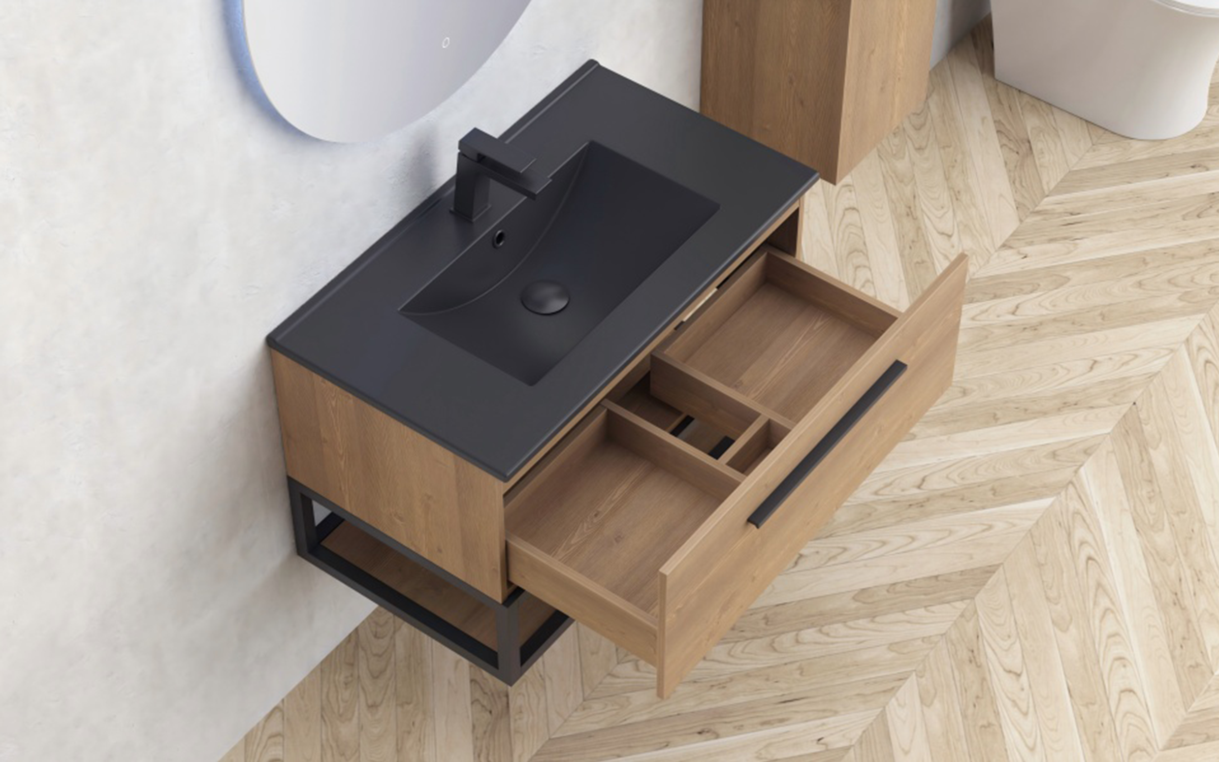 PVC dulap cu chiveta pentru baie ICP8050-039 Simon, negru mat + natural  2