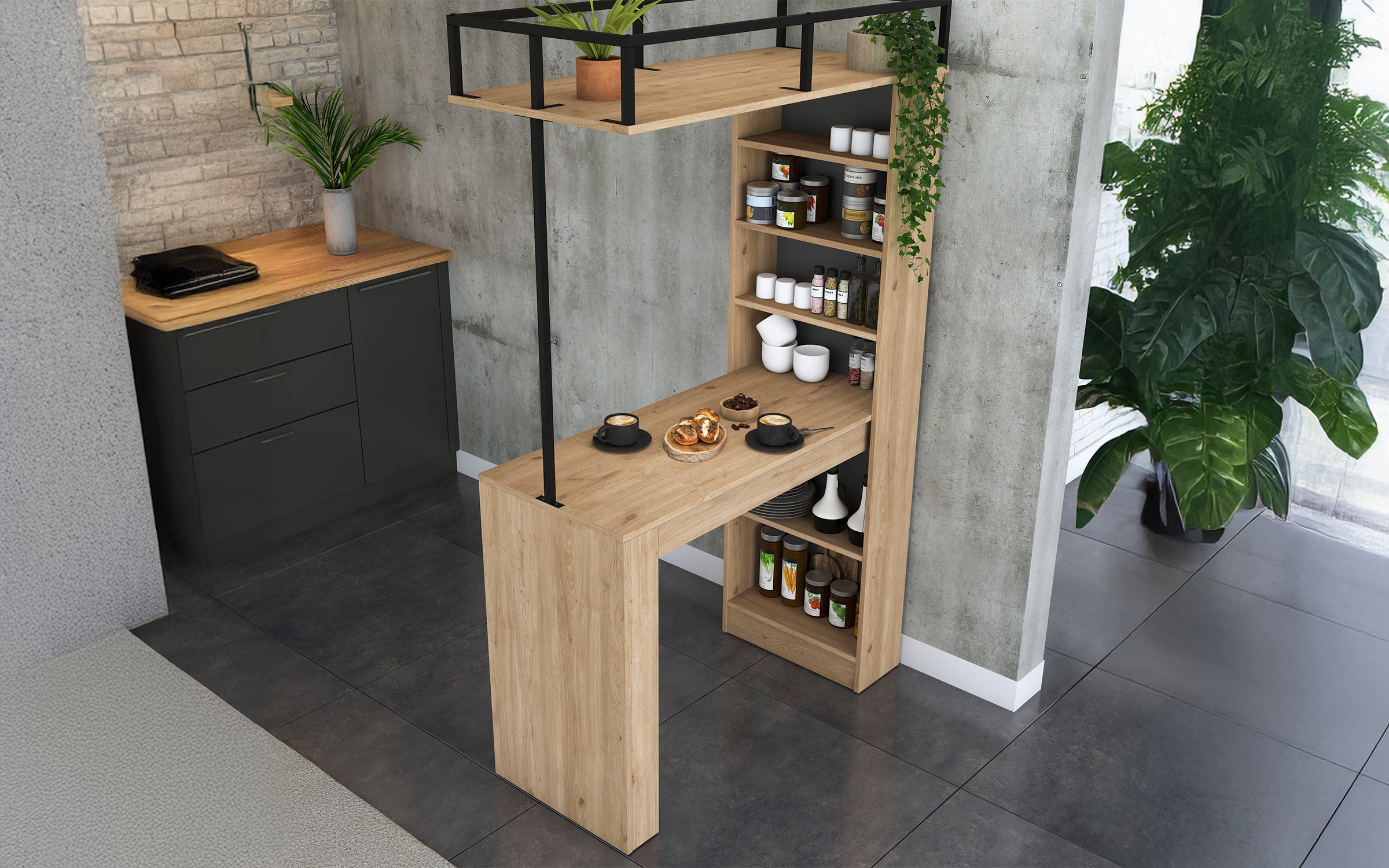 Masa de bar + etajera Faro, nuc + negru  3