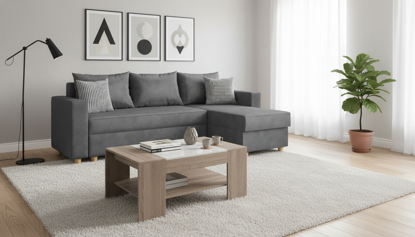 Coltar extensibil + masa Fabiola + Sima, gri + stejar sonoma si alb lucios  1