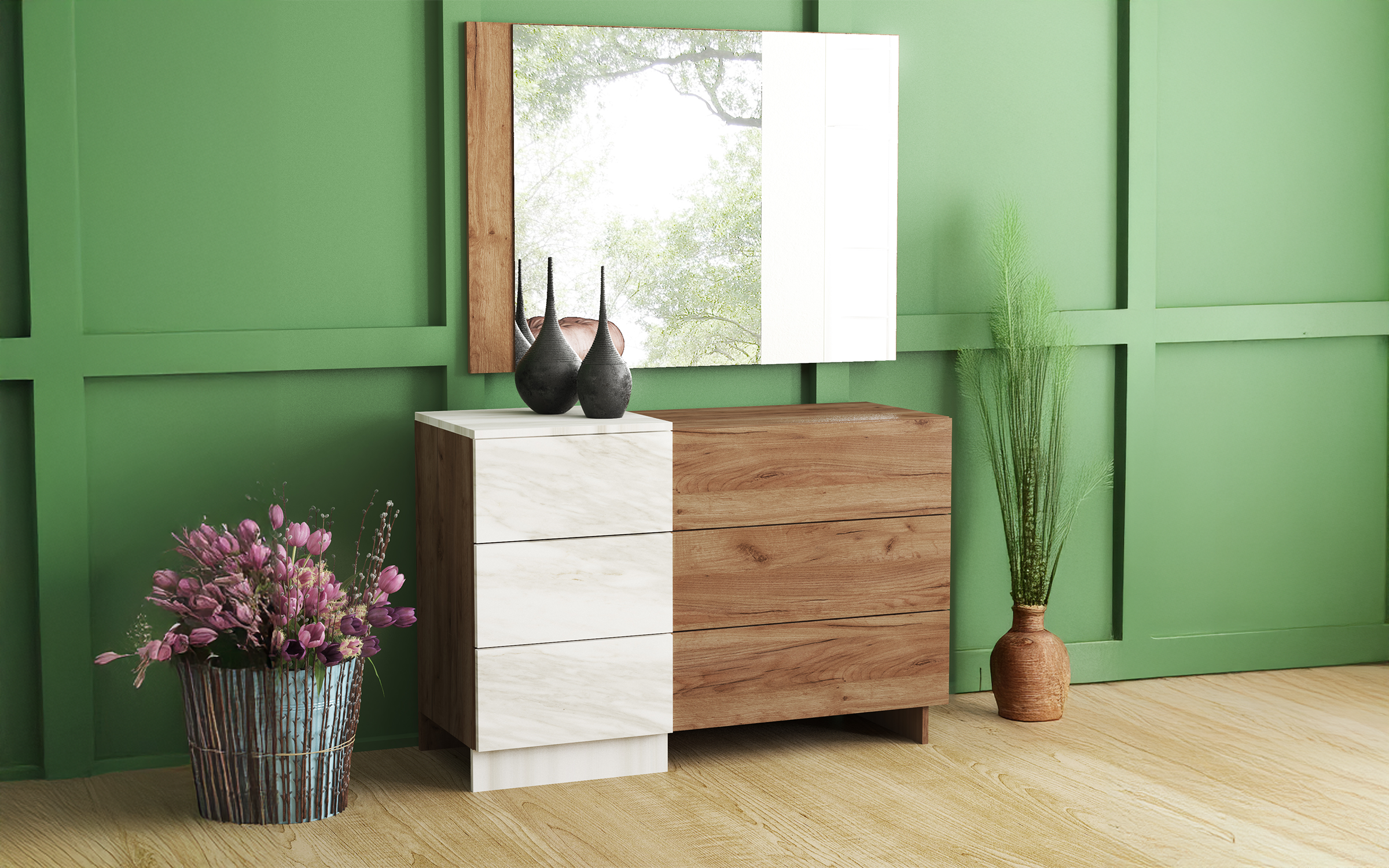 Set dormitor 160/200 Sielo, stejar Tabacco + decor marmura alba  9