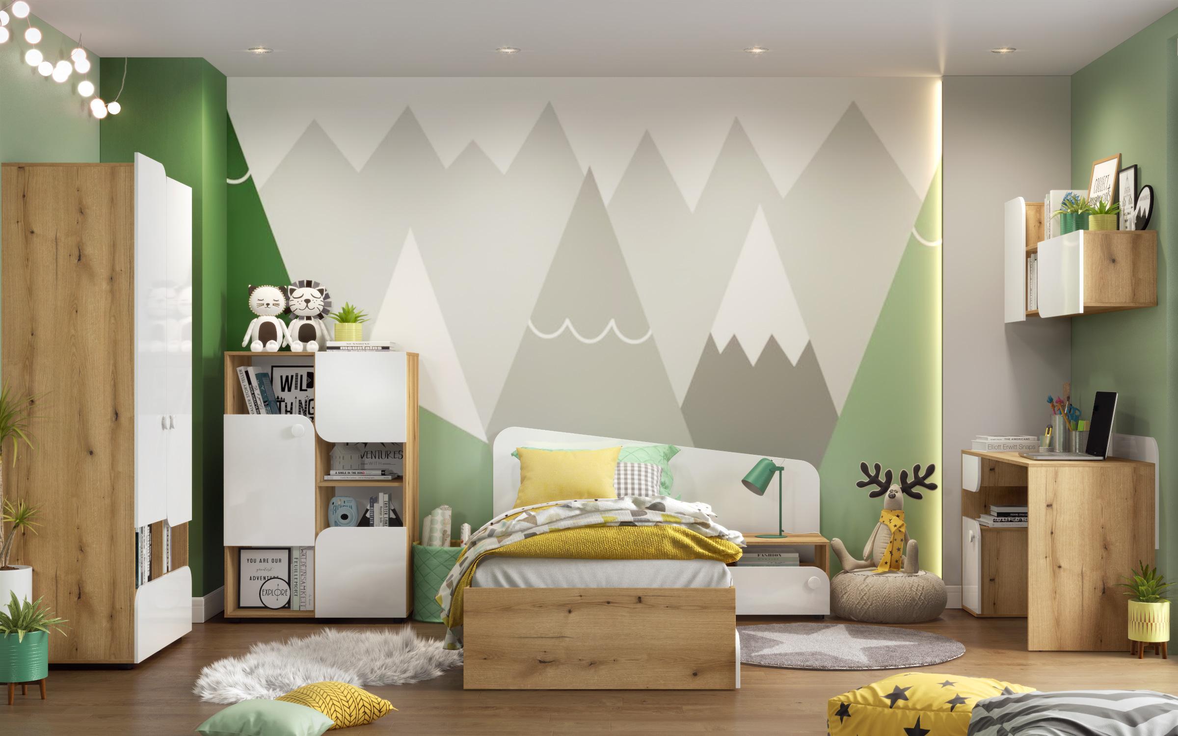 Set dormitor pentru camera copilului Ira 90/200, stejar evoc + alb lucios  2