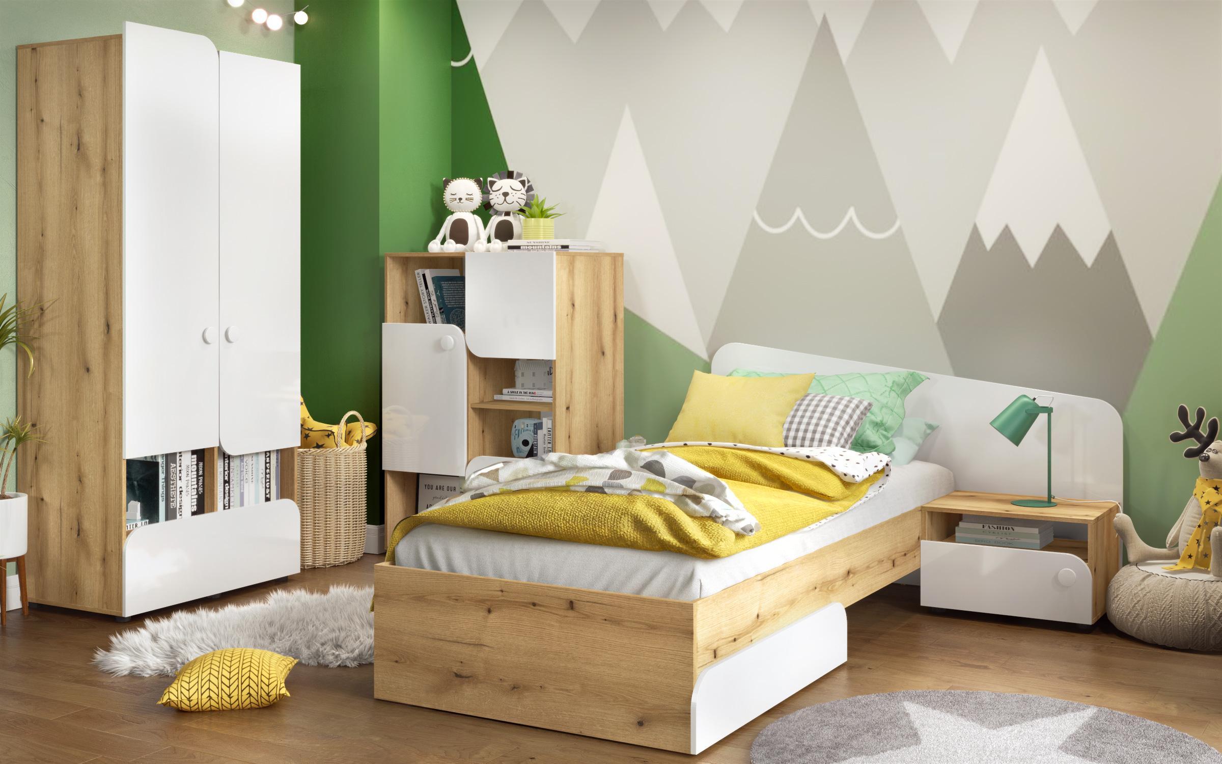 Set dormitor pentru camera copilului Ira 90/200, stejar evoc + alb lucios  1