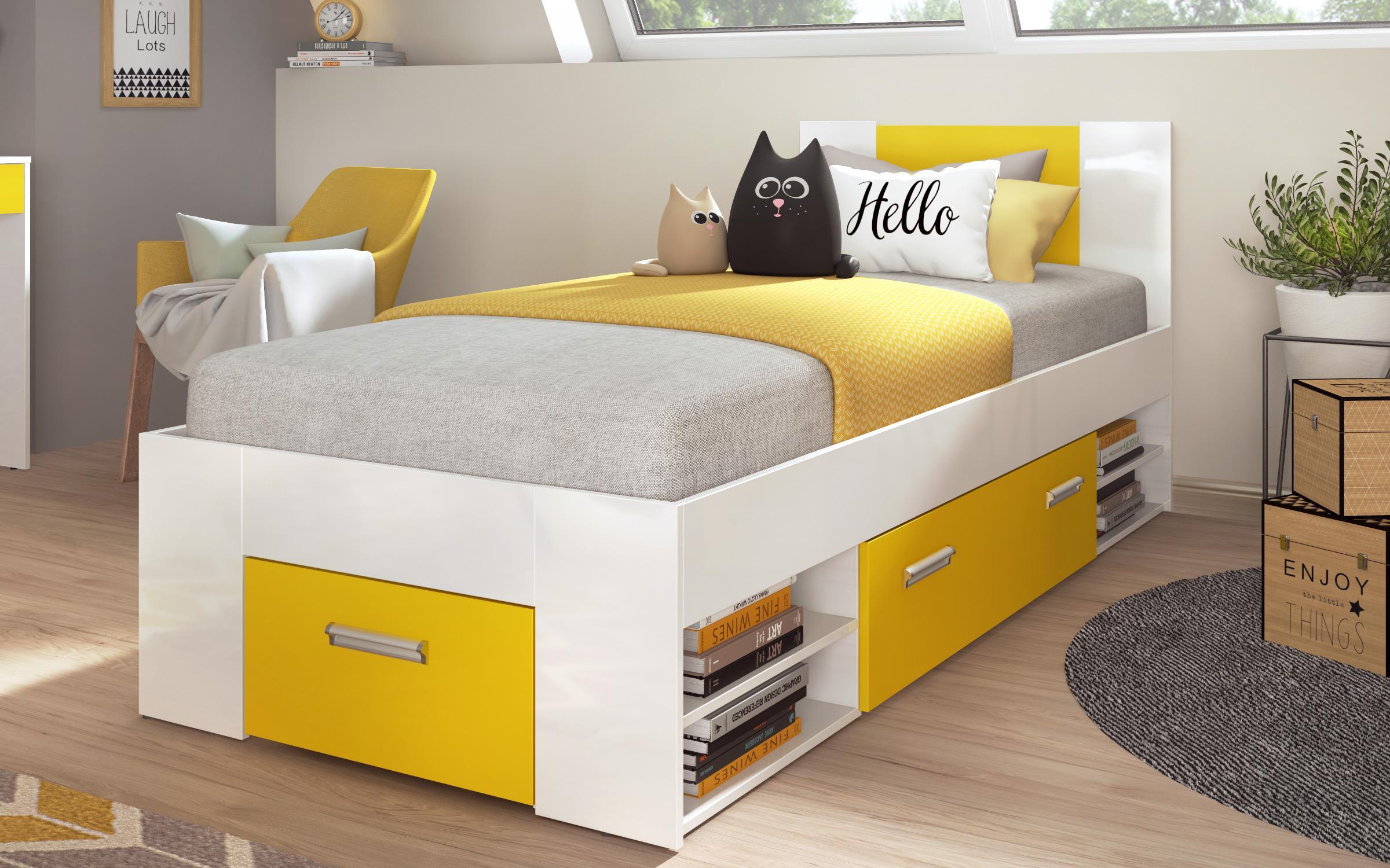Set dormitor Sunny pentru camera copilului 90/200, alb lucios + galben perlat  3