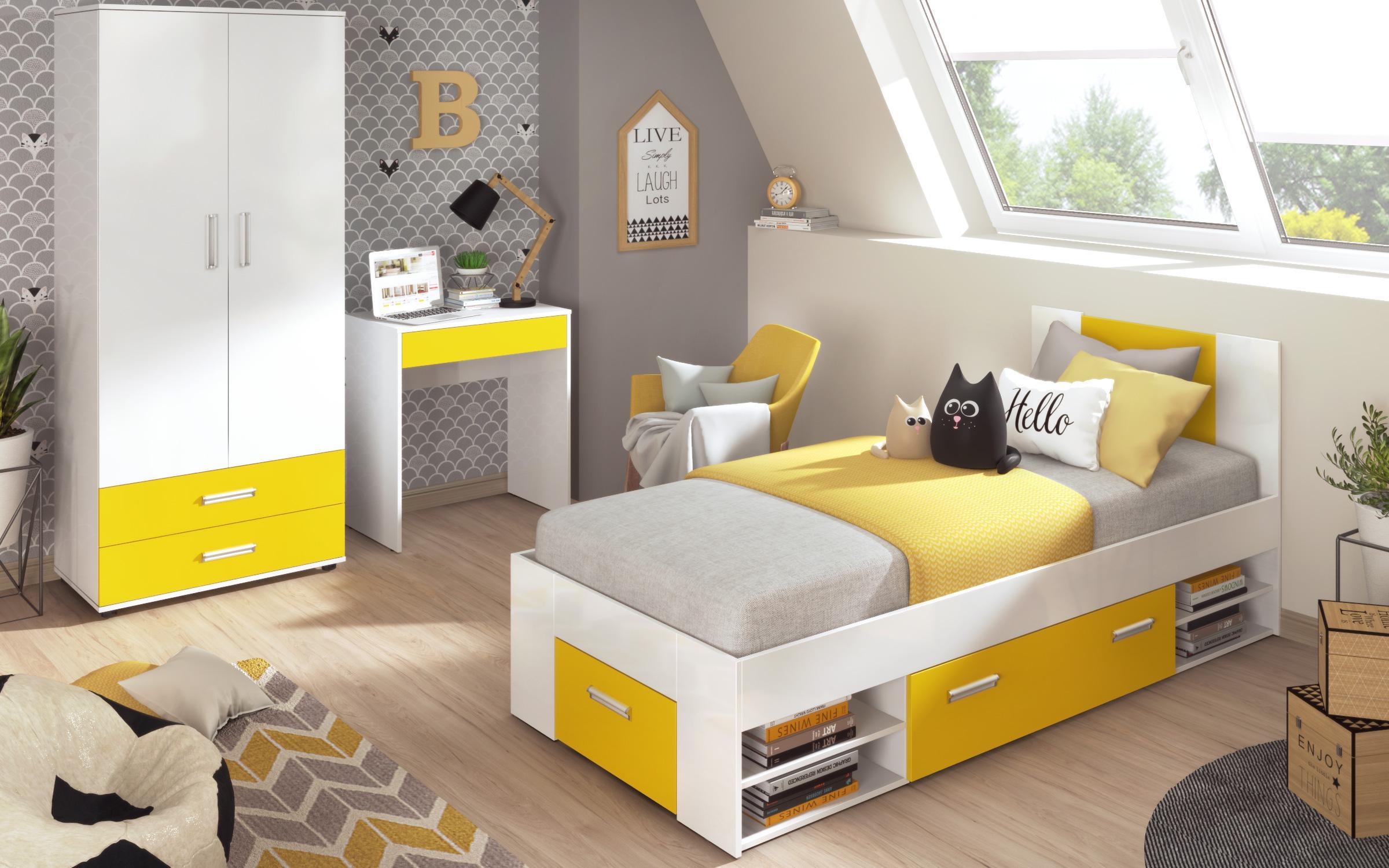 Set dormitor Sunny pentru camera copilului 90/200, alb lucios + galben perlat  2