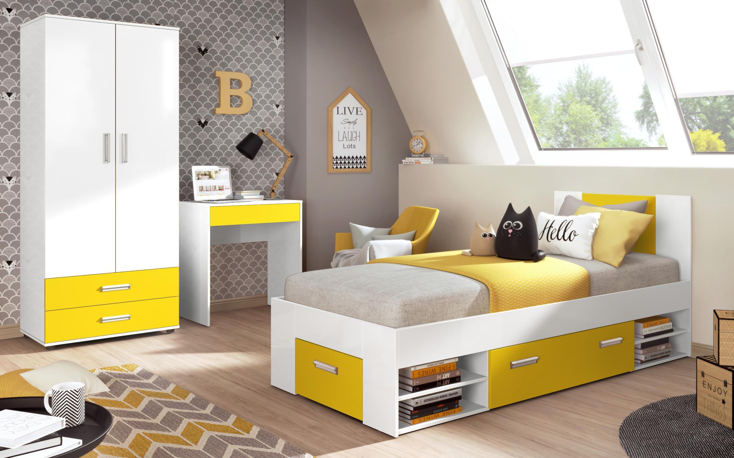 Set dormitor Sunny pentru camera copilului 90/200, alb lucios + galben perlat  1