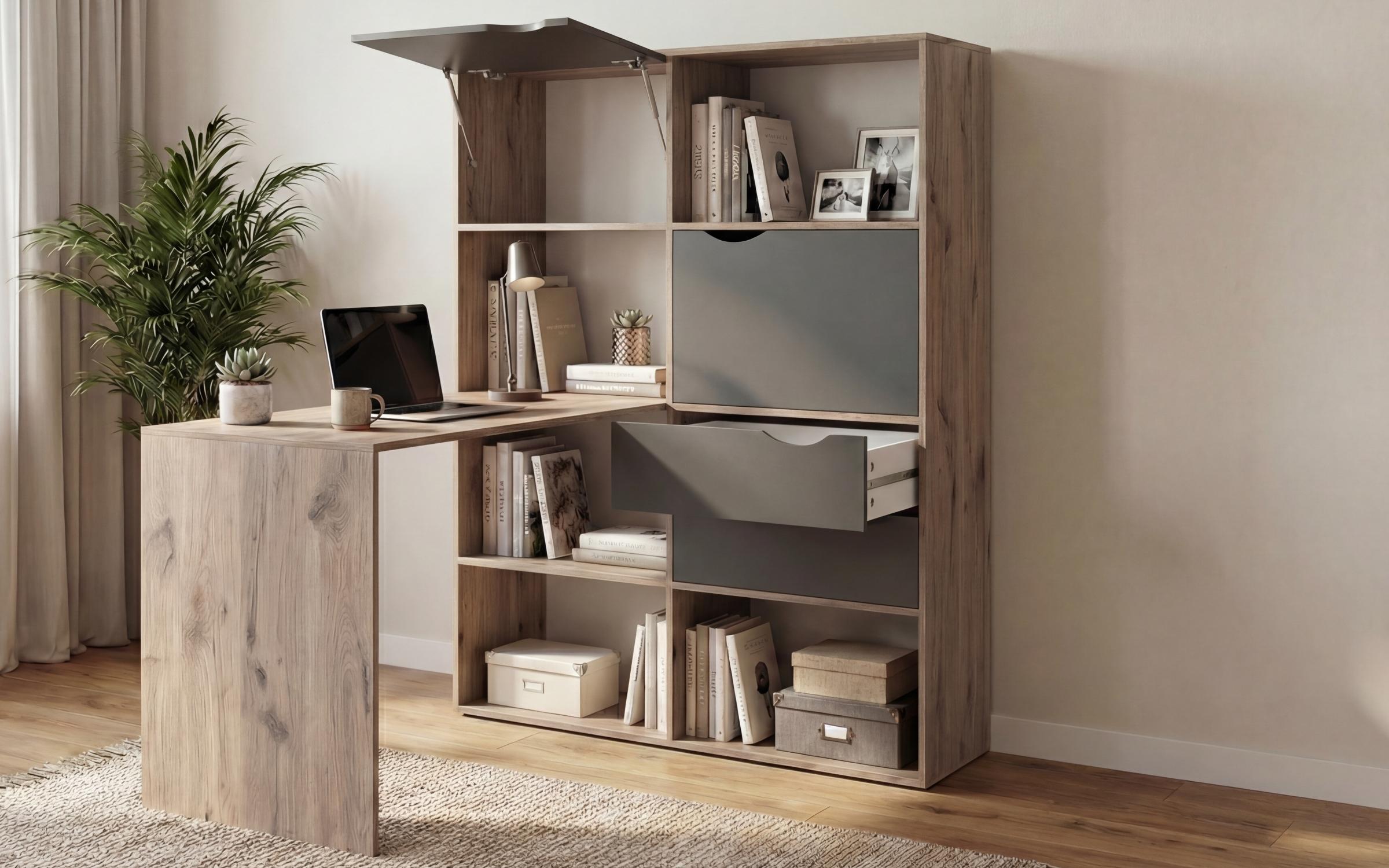 Birou cu biblioteca Elix, stejar scandinav deschis + antracit mat  4