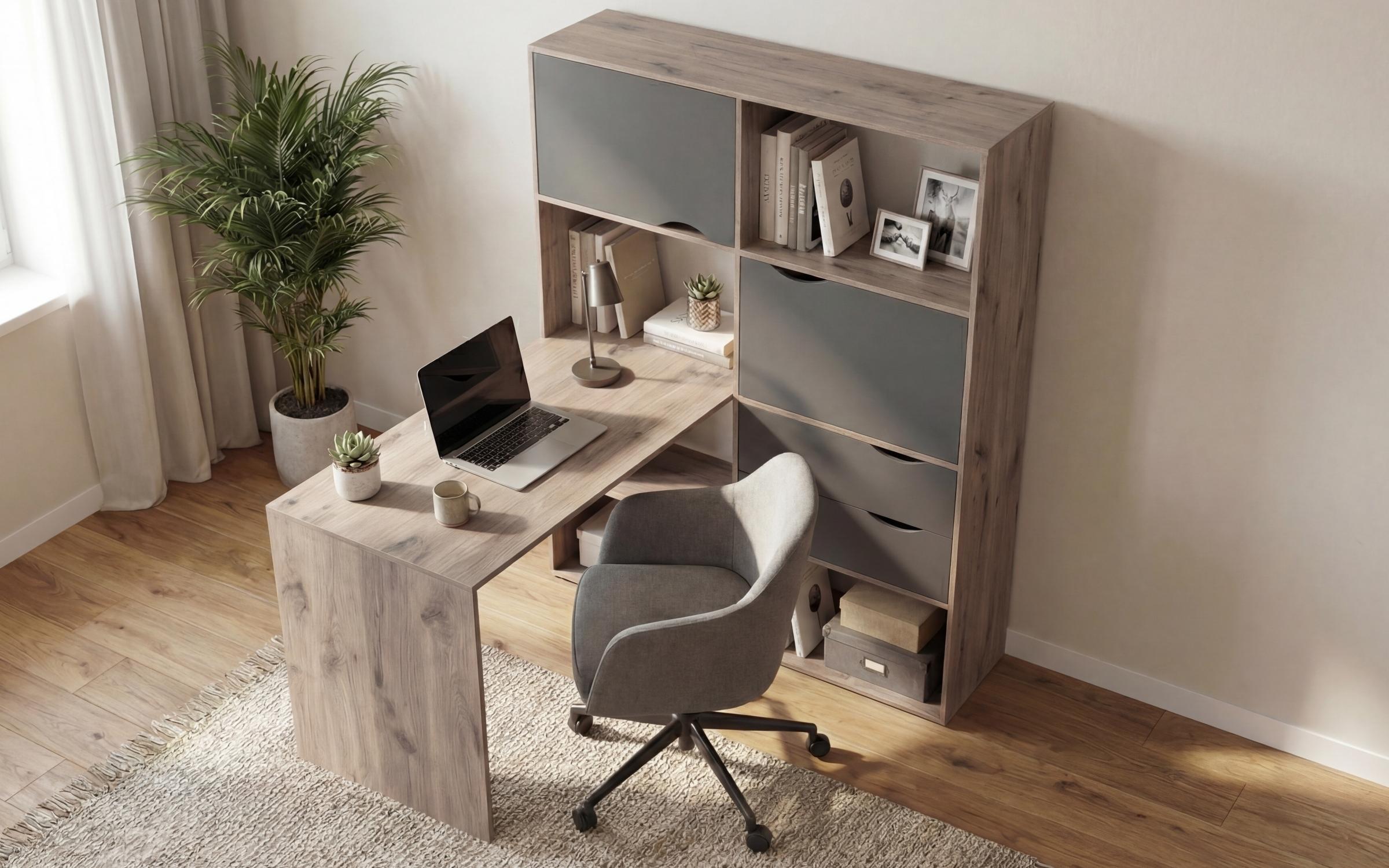 Birou cu biblioteca Elix, stejar scandinav deschis + antracit mat  3