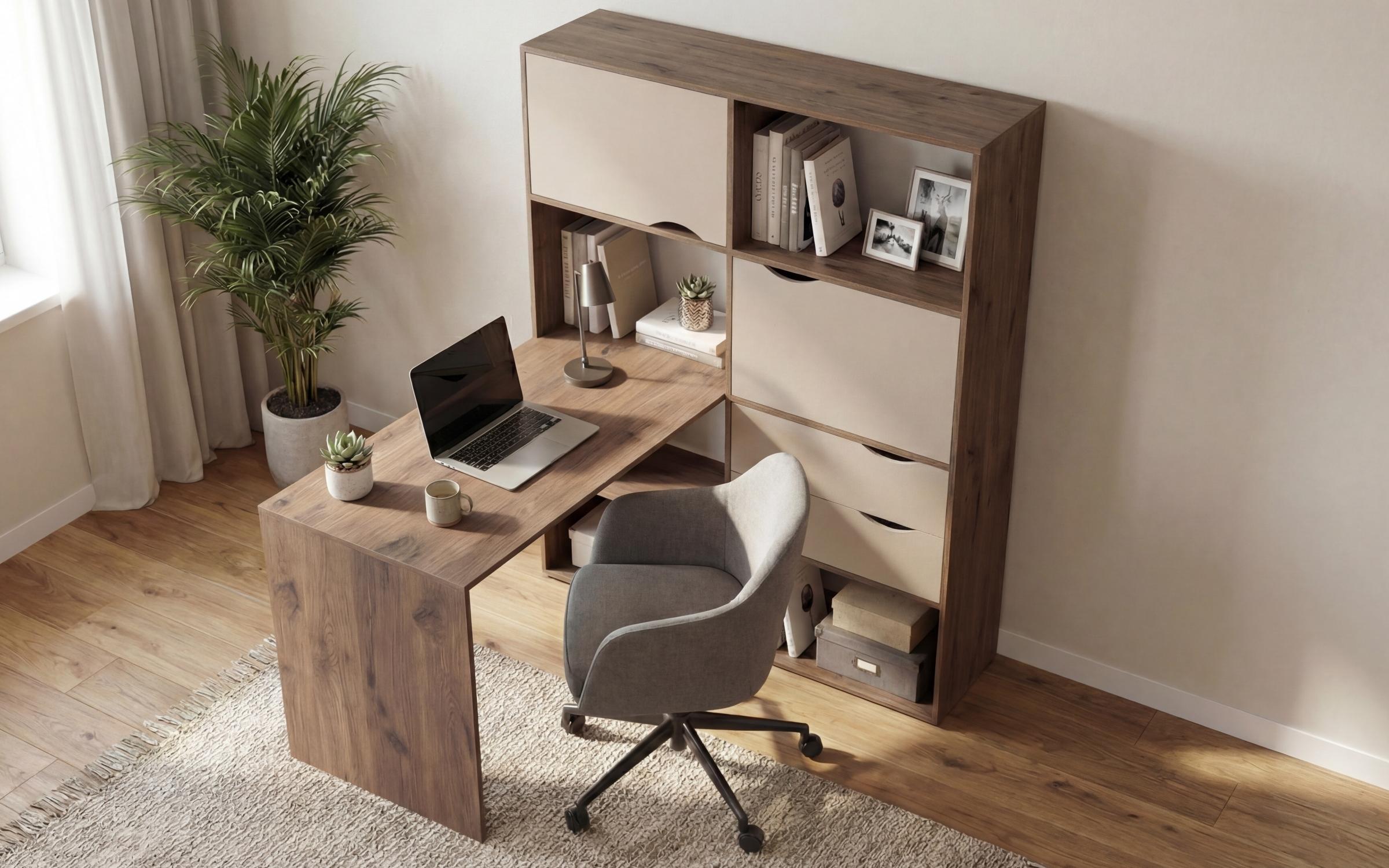 Birou cu biblioteca Elix, stejar scandinav inchis + Perla  3