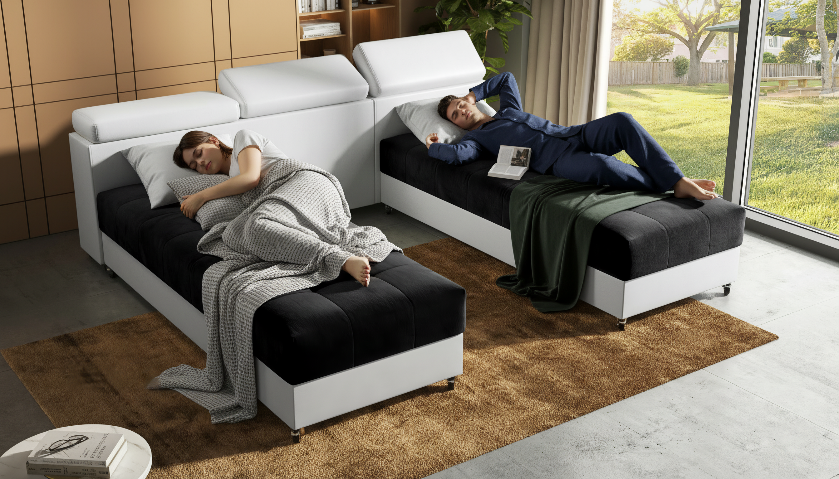 Coltar pentru living Galans, negru + piele alba  3
