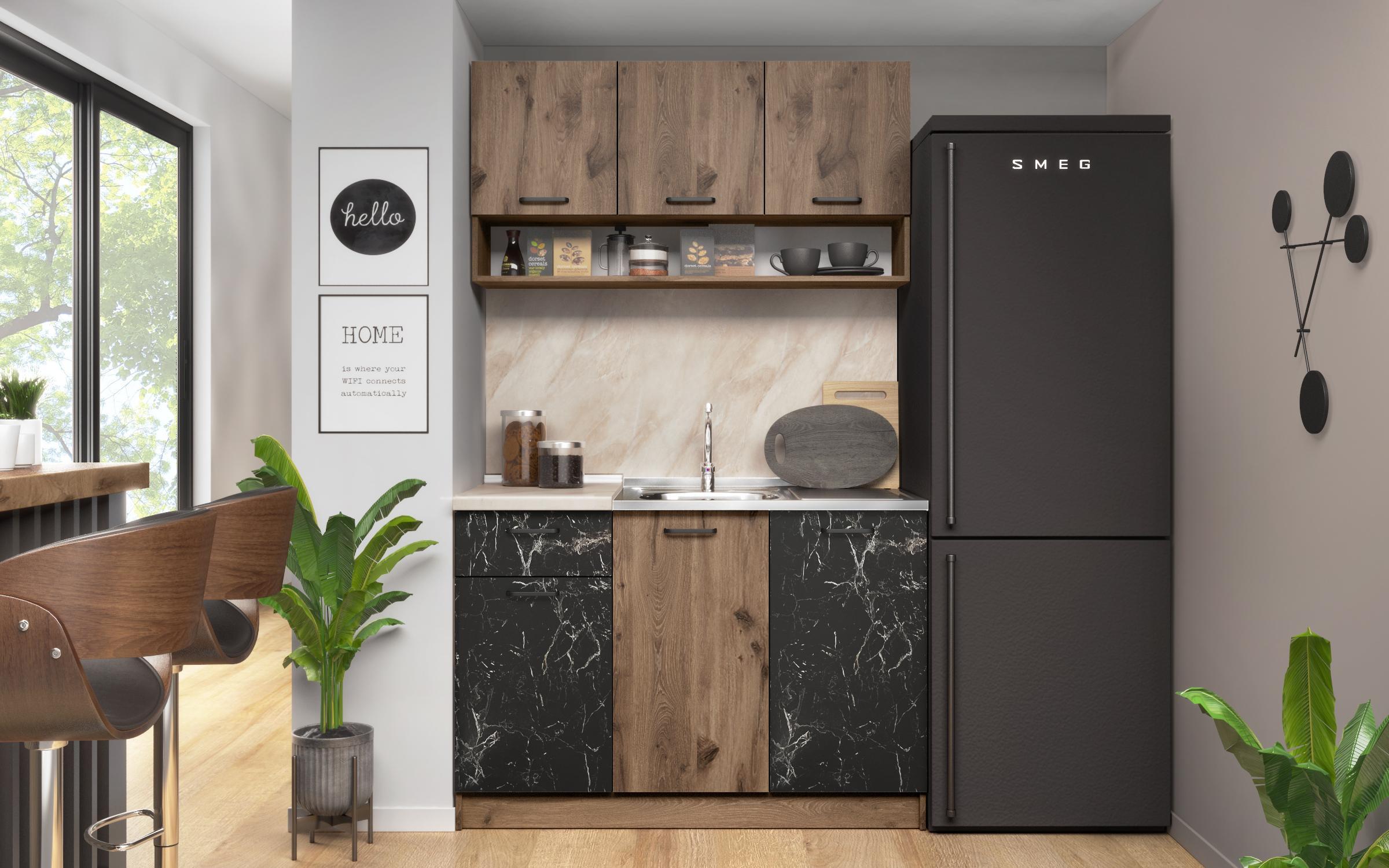 Bucatarie cu blat termic inclus Cacao, stejar scandinav inchis + marmura Tunis  2