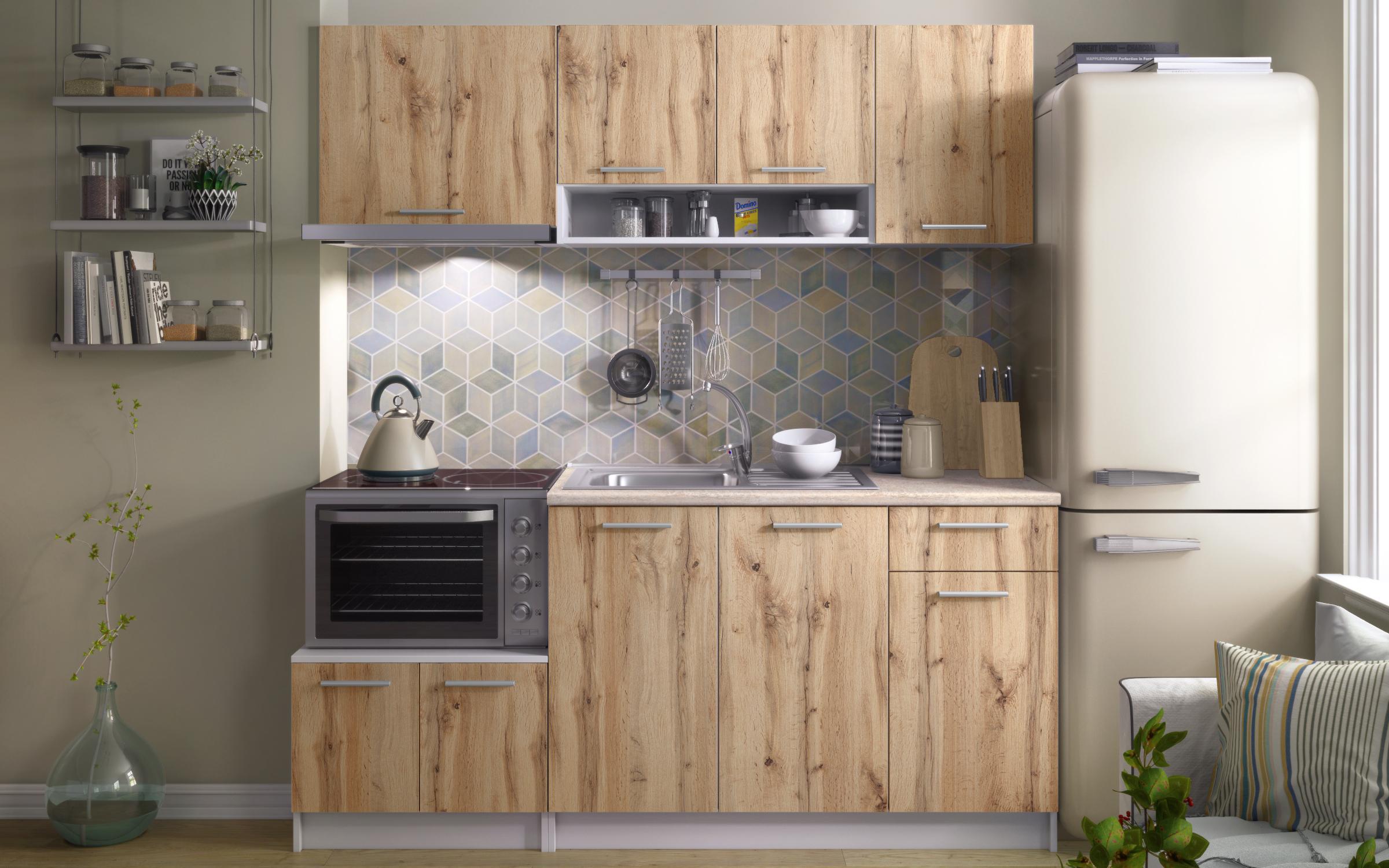 Bucatarie cu blat termic inclus Poly, stejar wotan + alb  2
