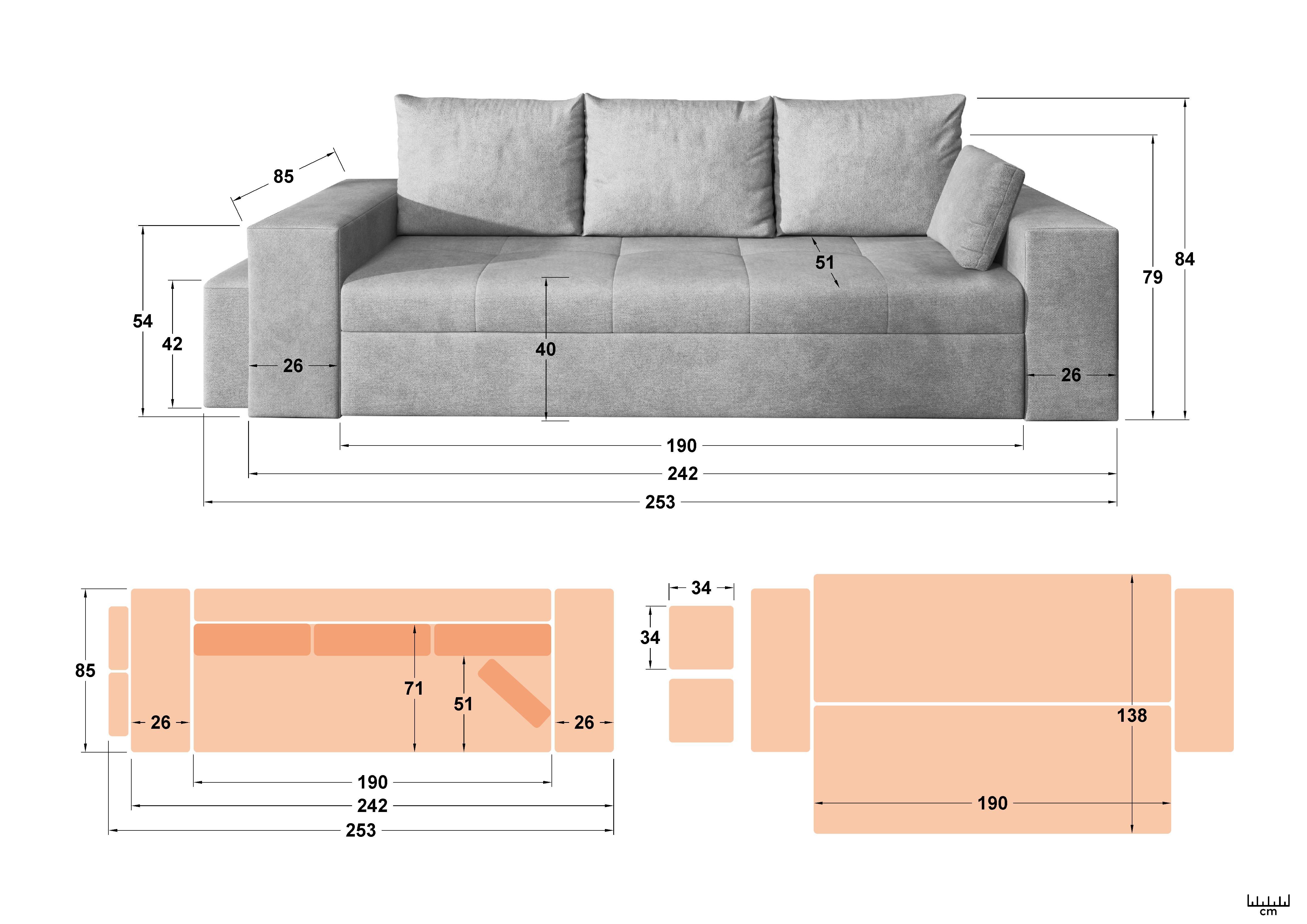 Canapea extensibila + taburet Maron, gri  2