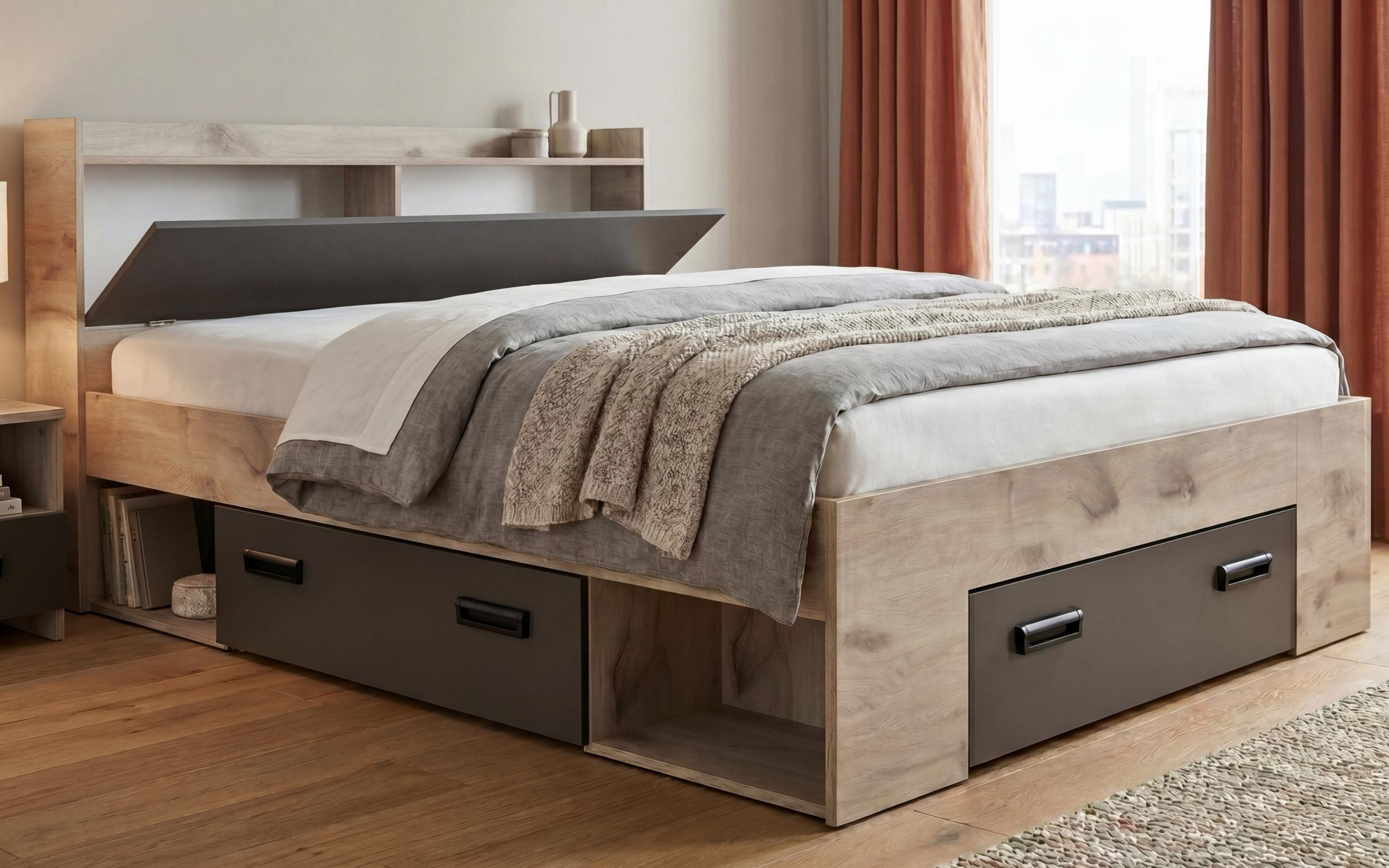 Pat dublu 160/200 cu lada Mondi, stejar scandinav deschis + antracit mat  4
