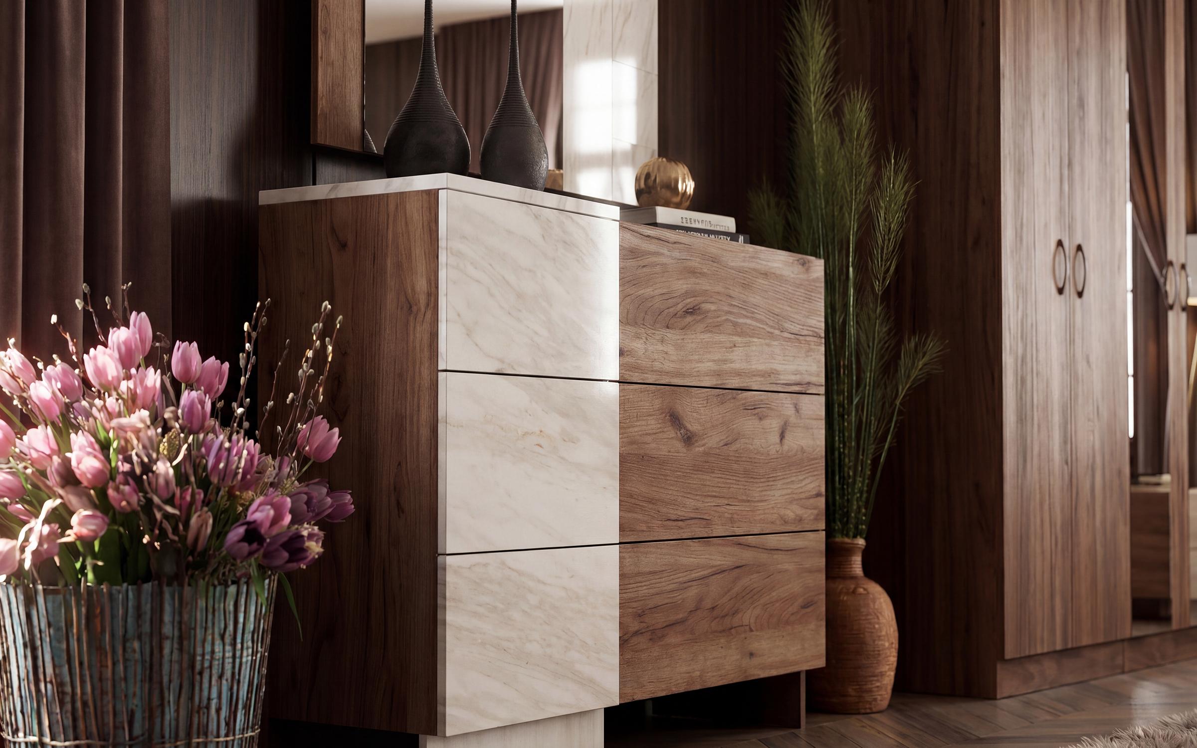 Set dormitor 160/200 Sielo, stejar Tabacco + decor marmura alba  5