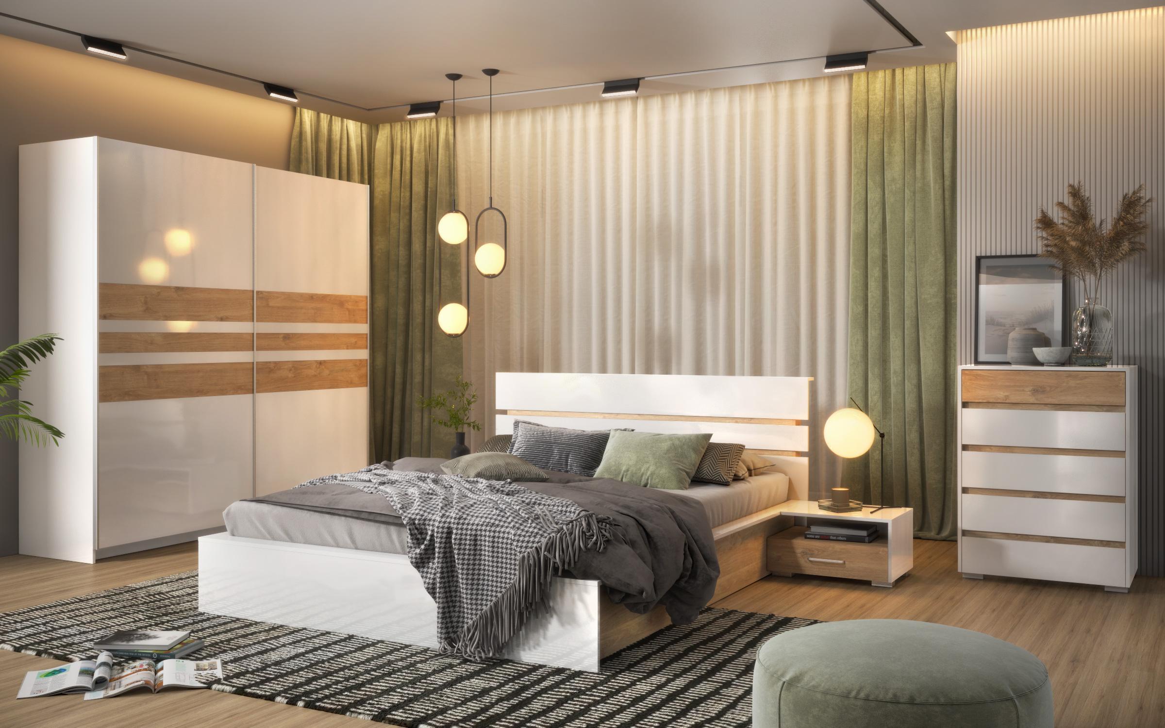 Set dormitor Arena + saltea Neo Dream 160/200, alb lucios + stejar auriu  1