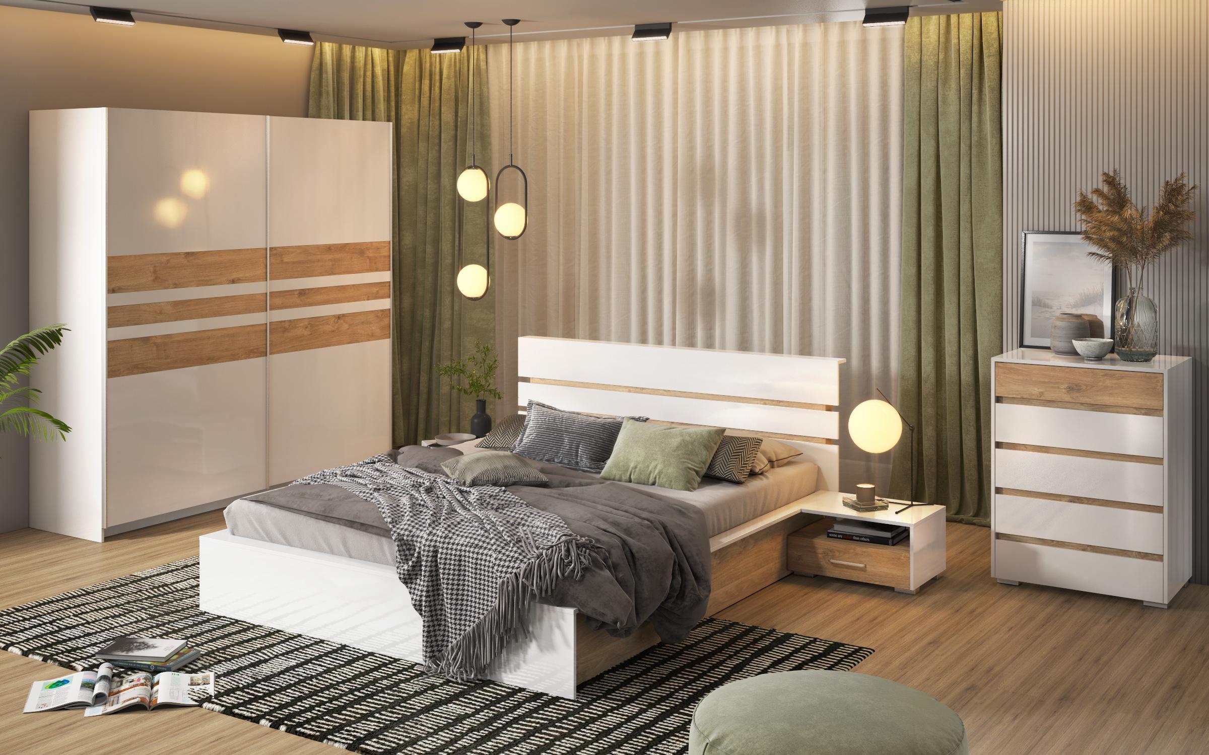 Set dormitor Arena + saltea Neo Dream 160/200, alb lucios + stejar auriu  2