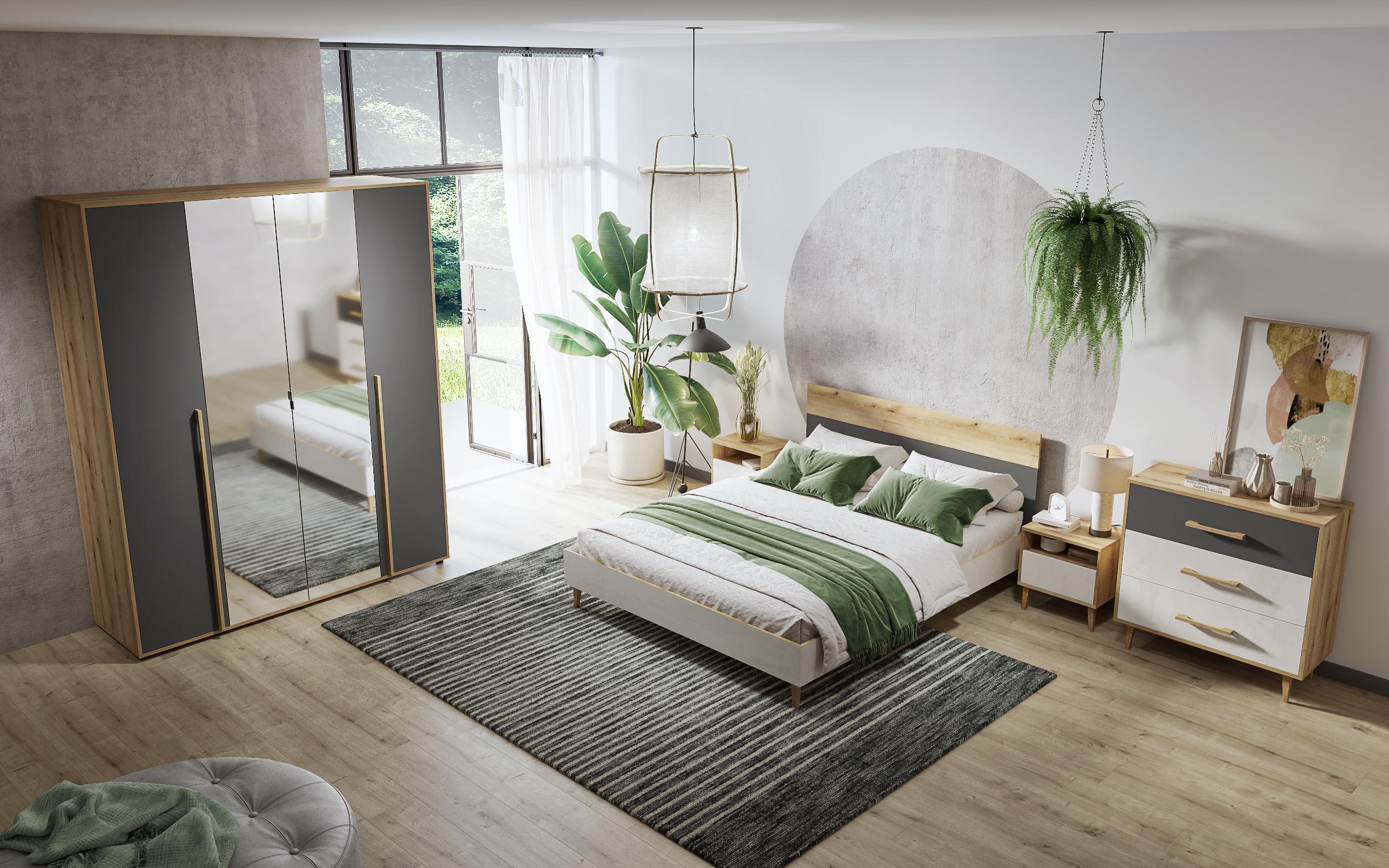 Set dormitor Loft + saltea Neo Dream cu o fata  160/200, antracit mat + stejar evoc + Silk  2