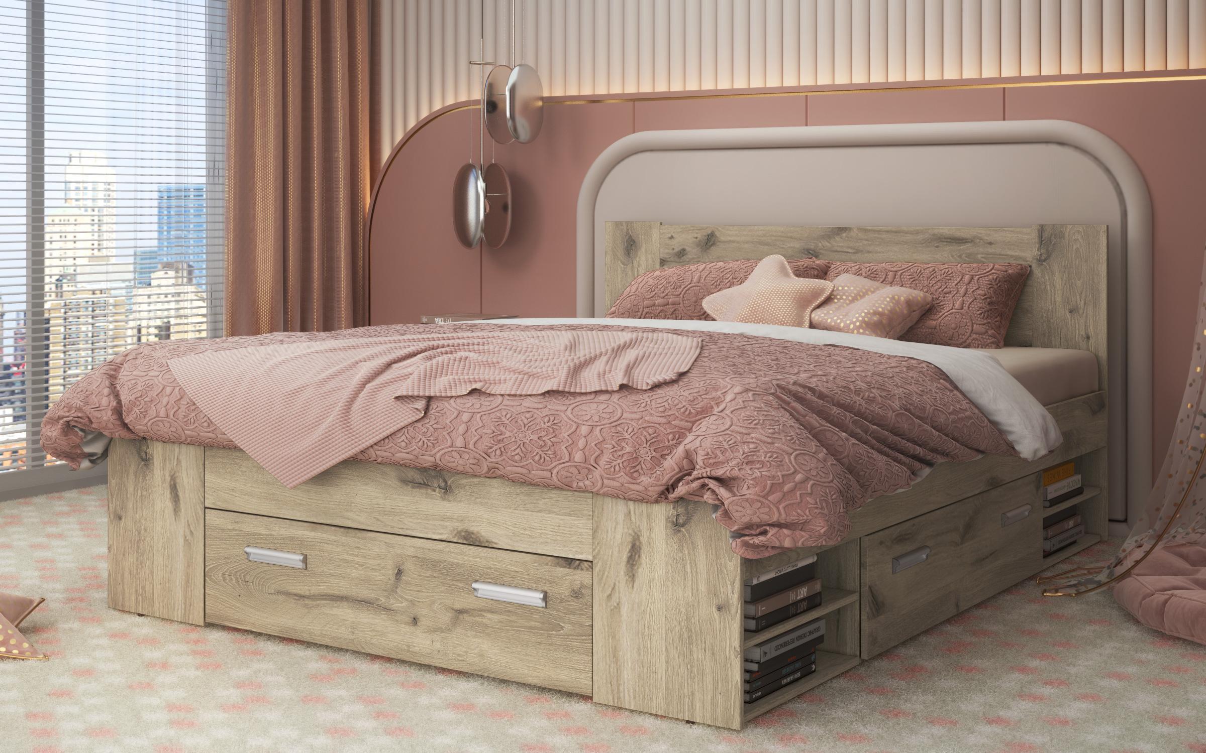 Pat dublu 180/200 + sertare Nemo + saltea, stejar scandinav deschis  1
