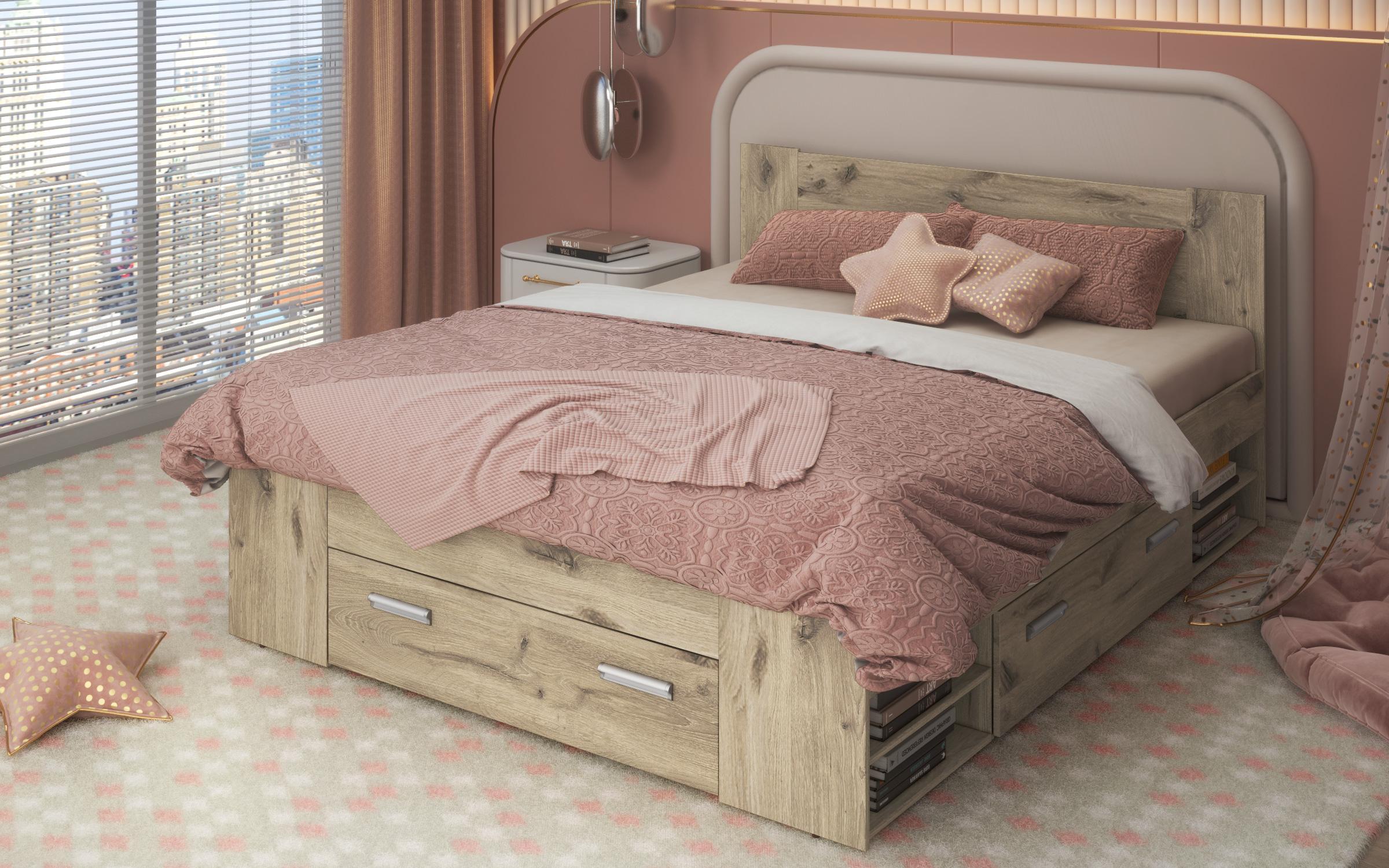 Pat dublu 180/200 + sertare Nemo + saltea, stejar scandinav deschis  3