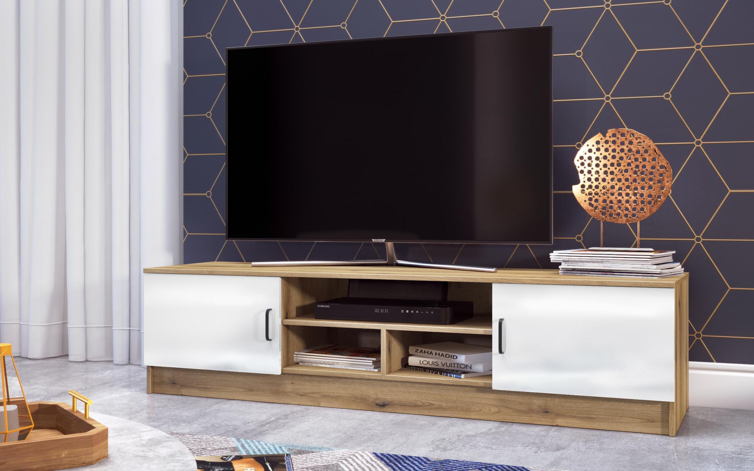 Modul TV Suerte, stejar evoc + alb lucios  1