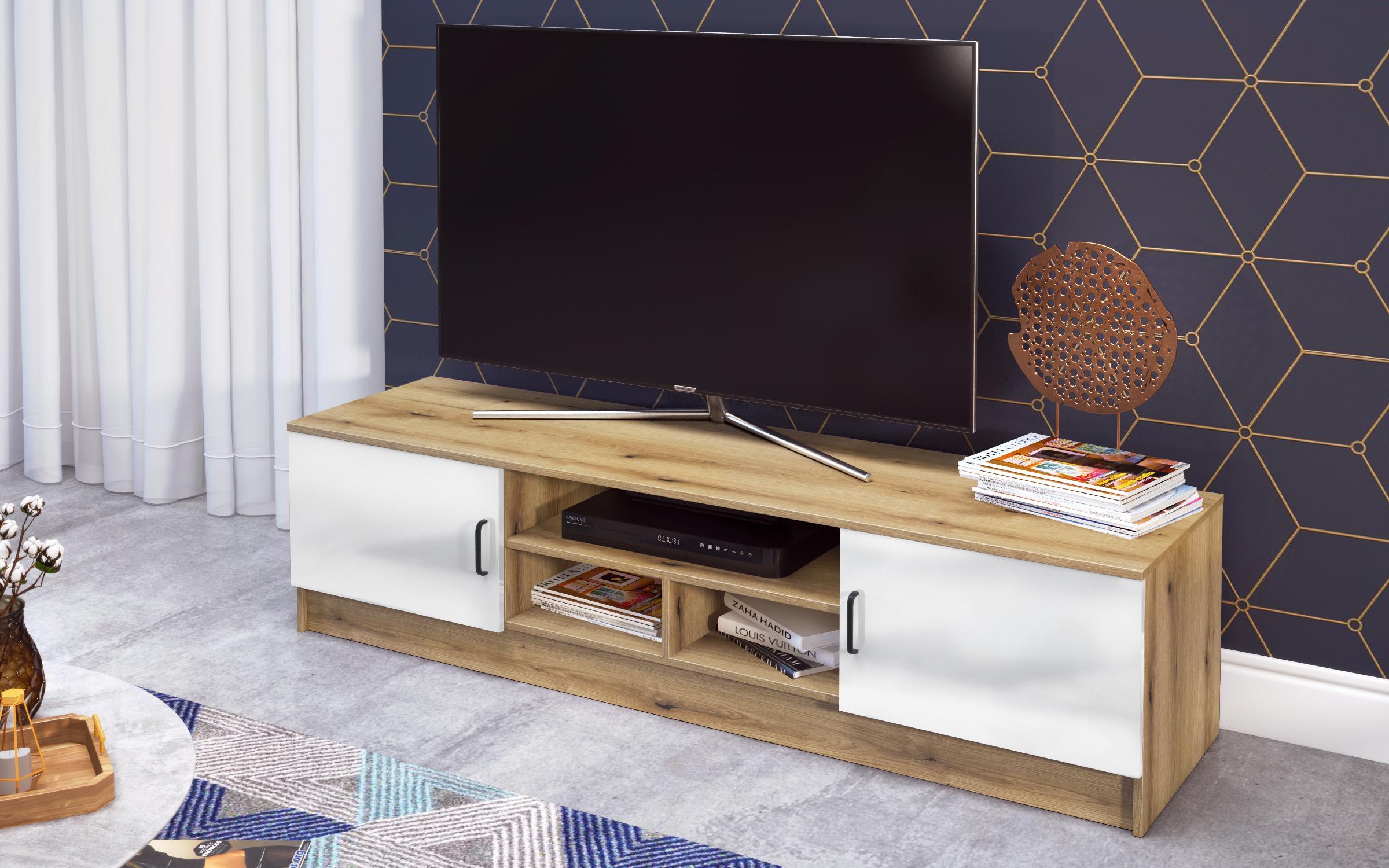 Modul TV Suerte, stejar evoc + alb lucios  3