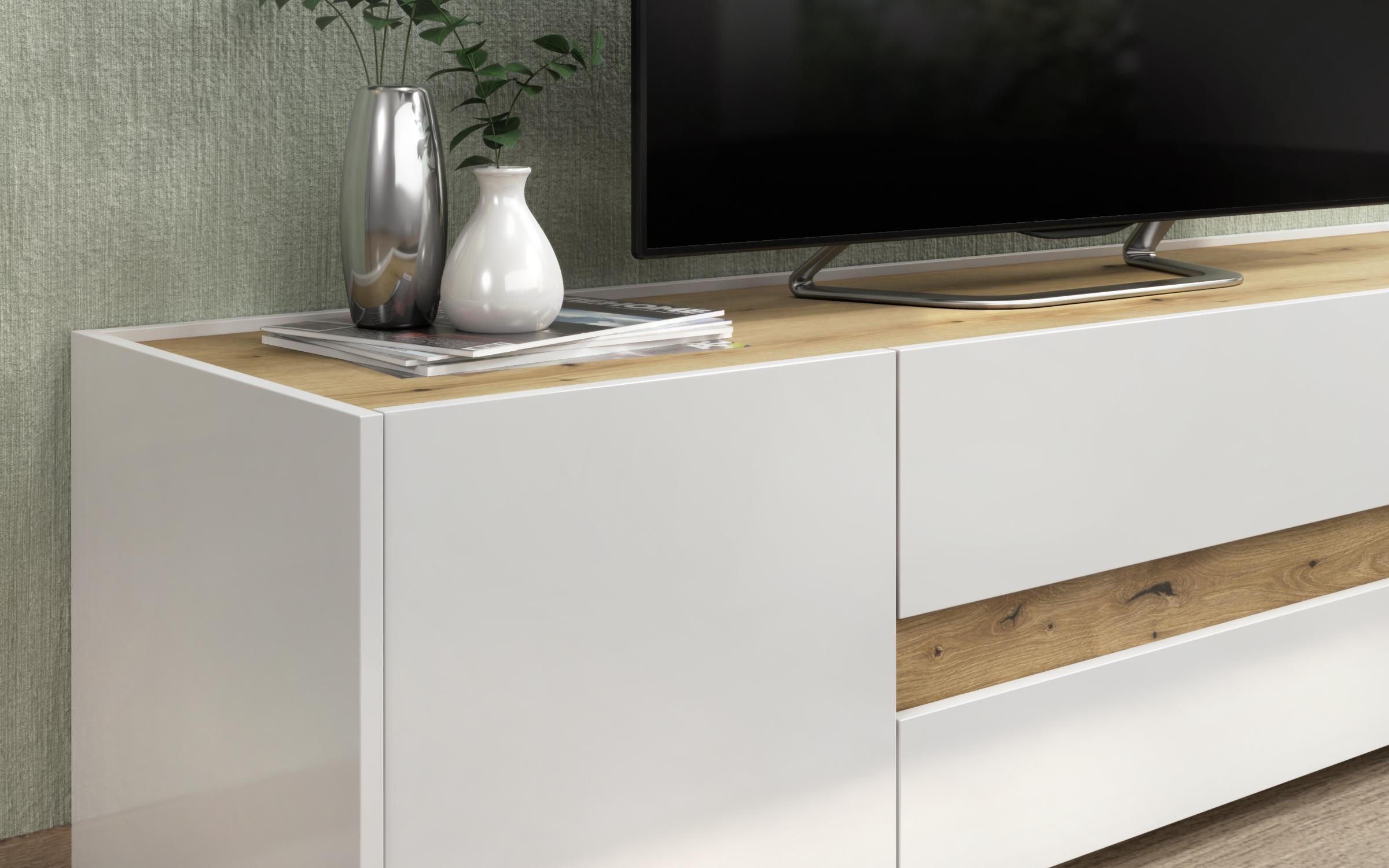 Modul TV Pier, stejar evoc + alb lucios  4