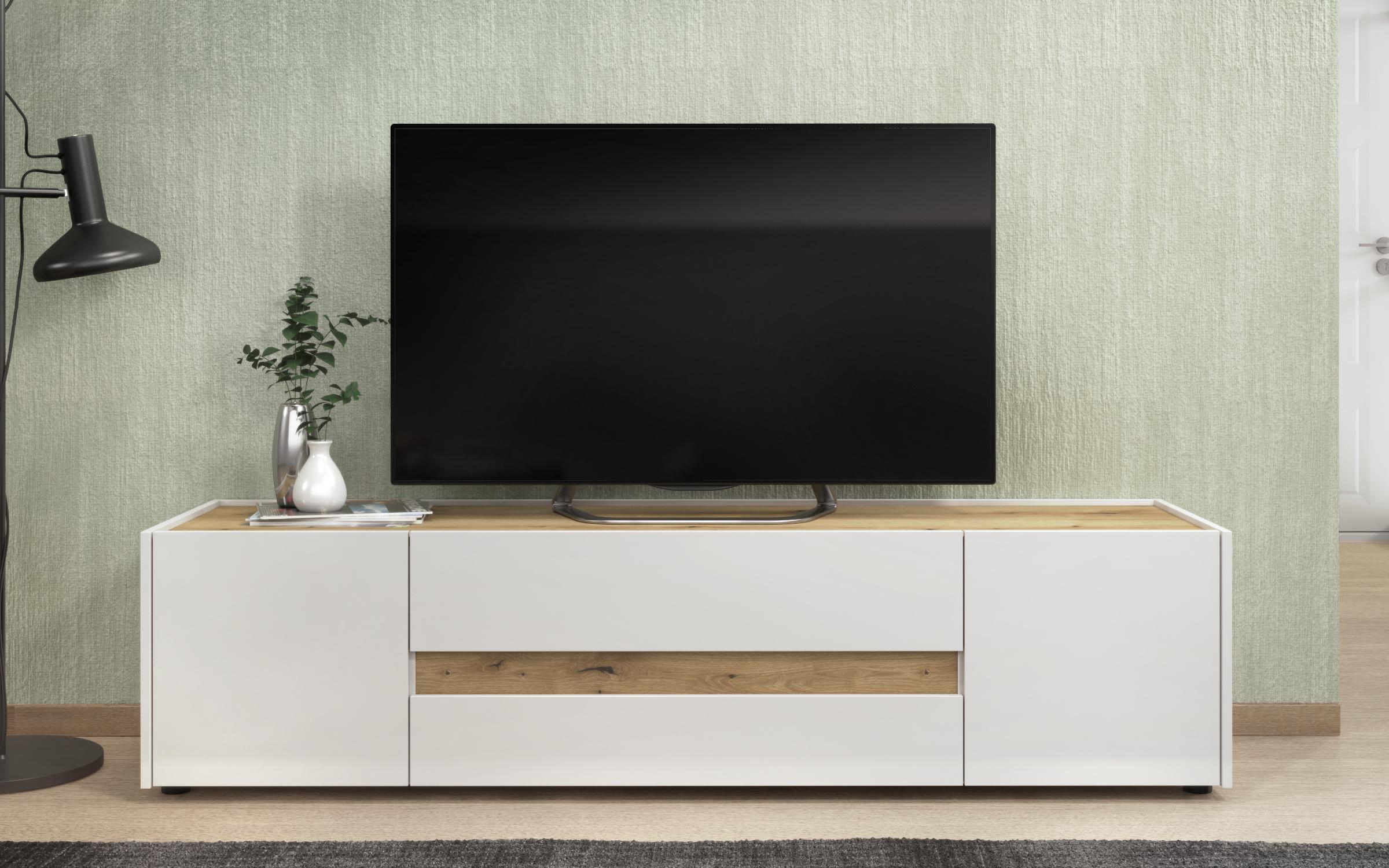 Modul TV Pier, stejar evoc + alb lucios  3