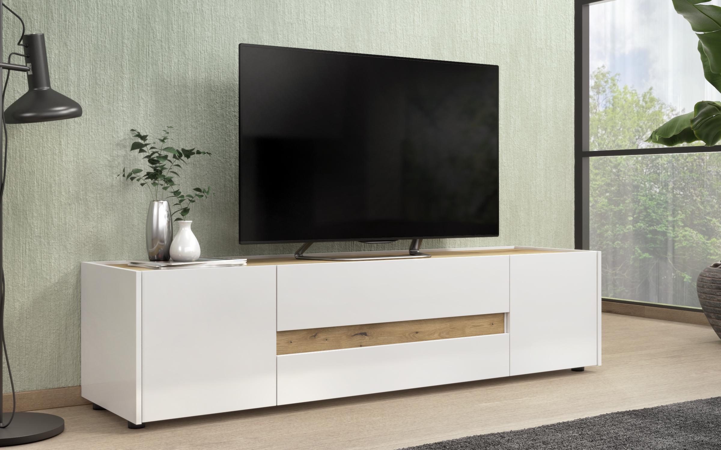 Modul TV Pier, stejar evoc + alb lucios  1