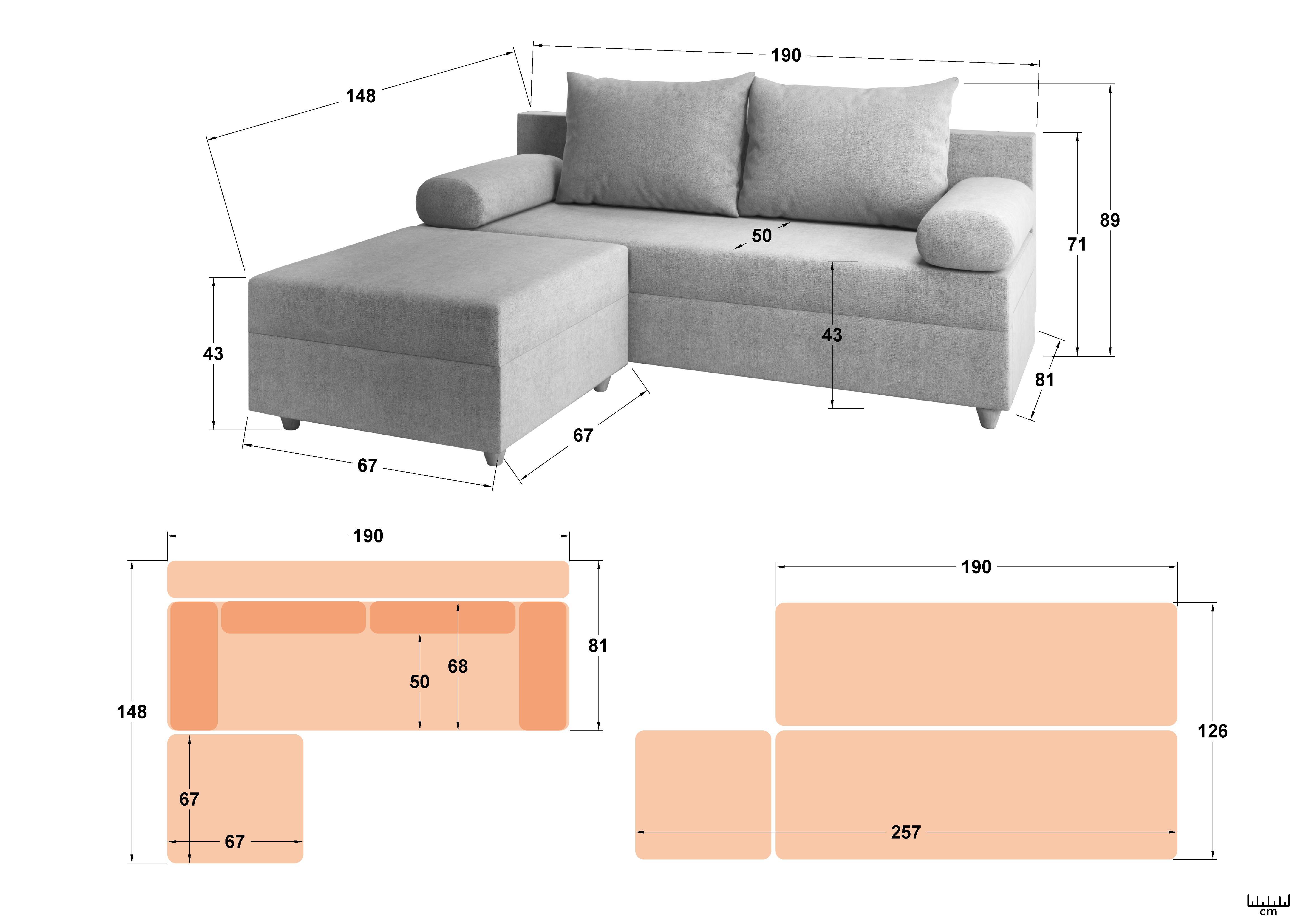 Canapea extensibila + taburet Vitaro, gri  2