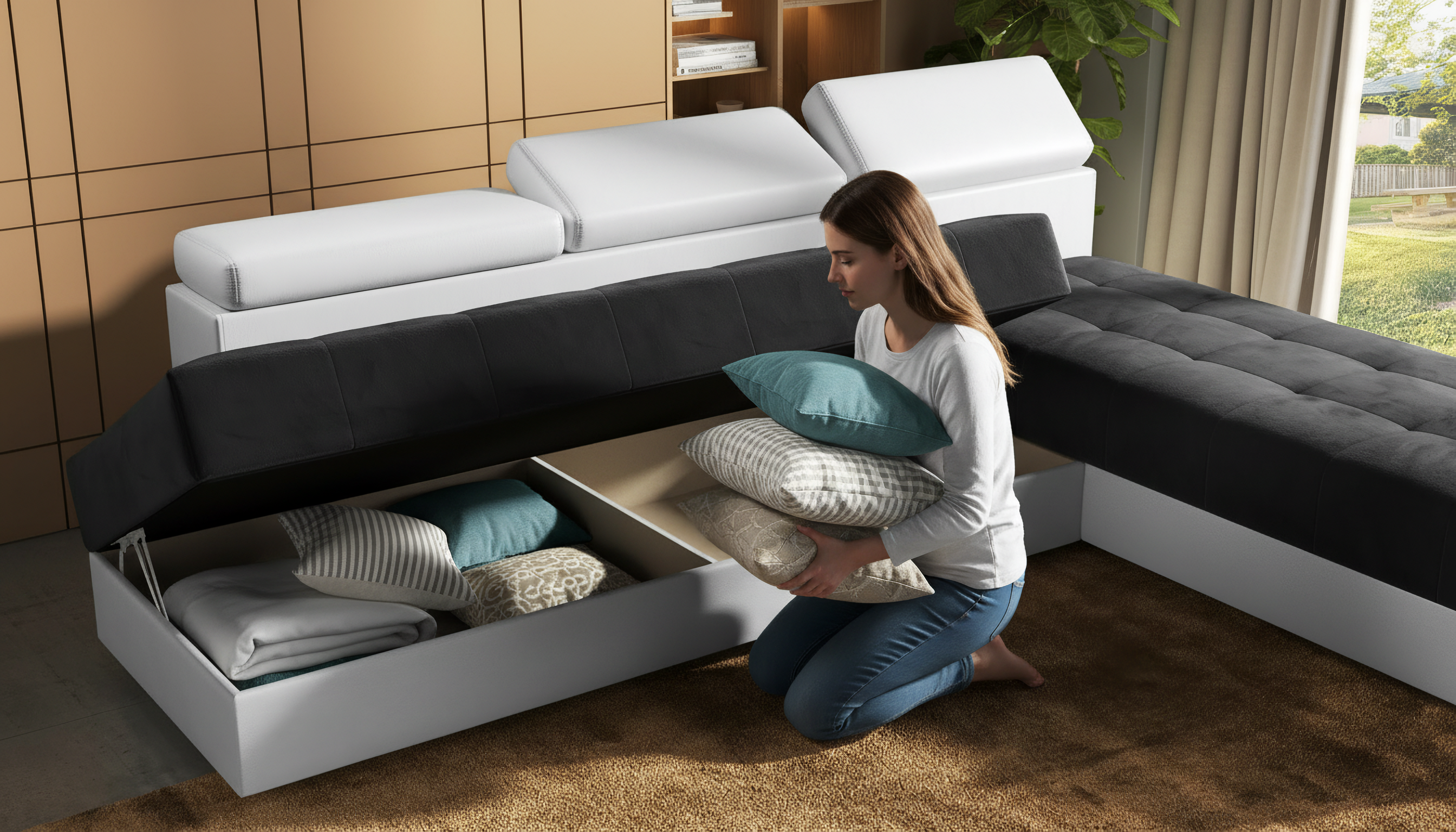 Coltar pentru living Galans, negru + piele alba  4