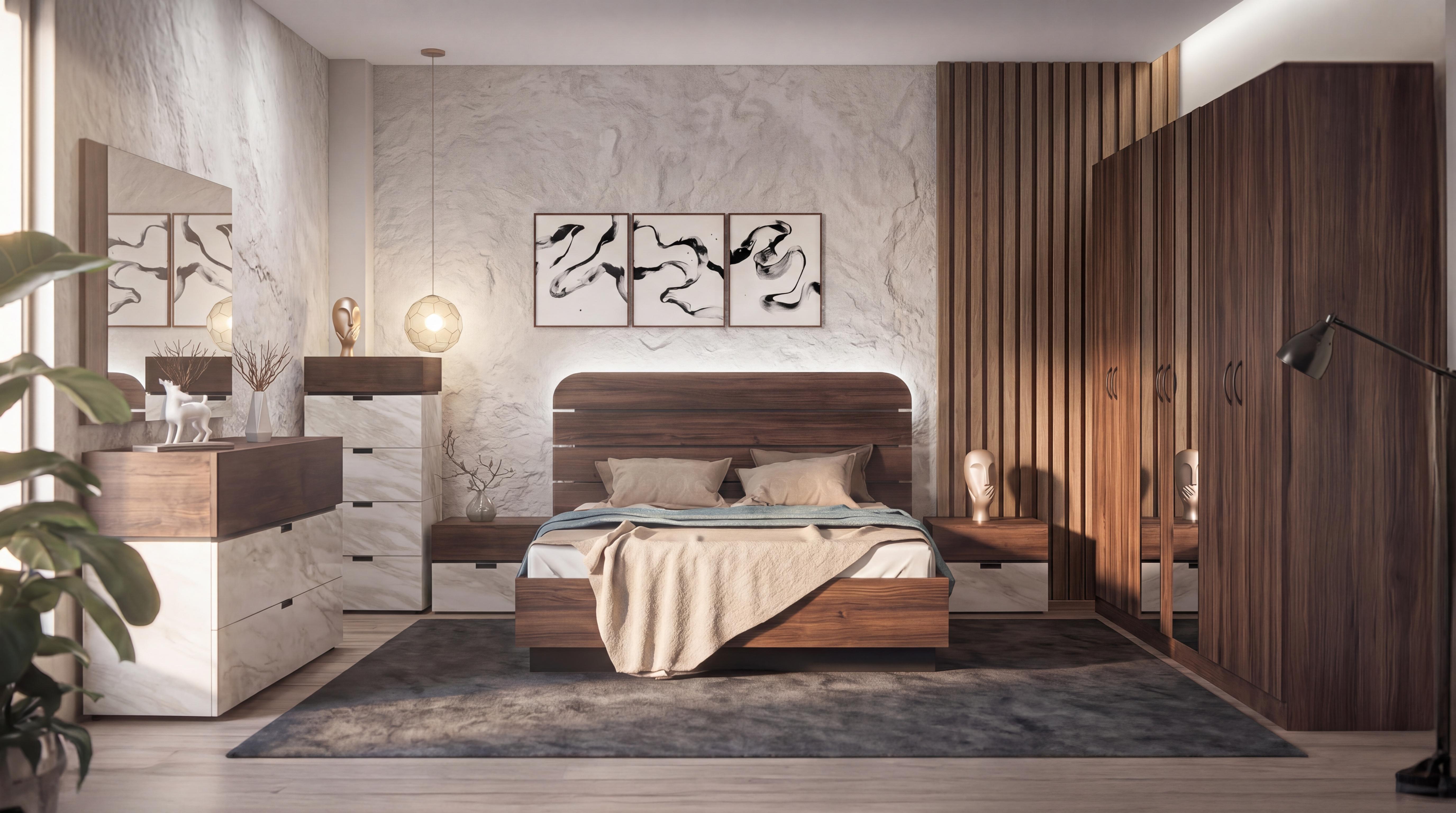 Set dormitor 160/200 Aloma, stejar Ristretto Baroque + decor marmura alba  1