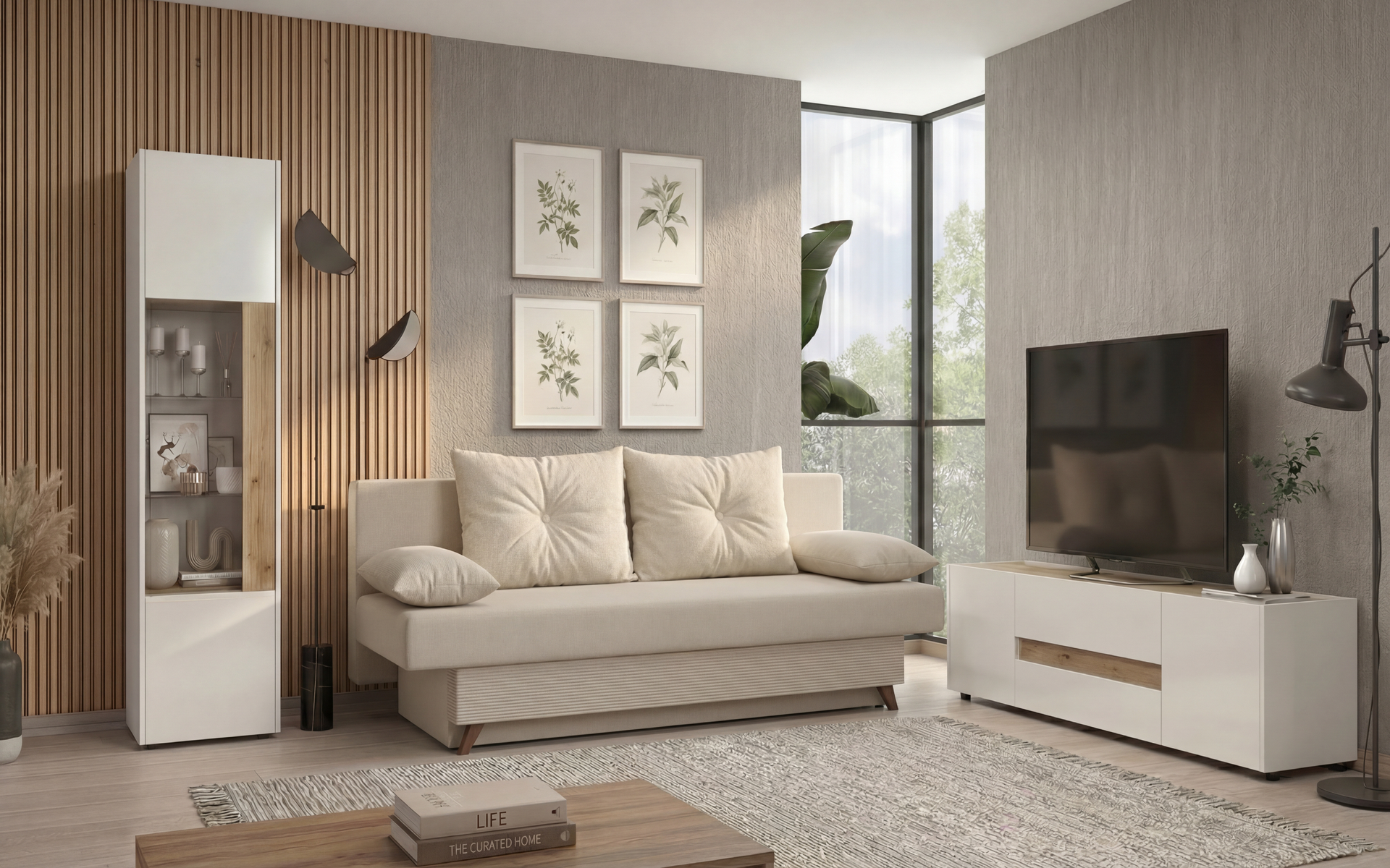 Modul TV Pier, stejar evoc + alb lucios  6