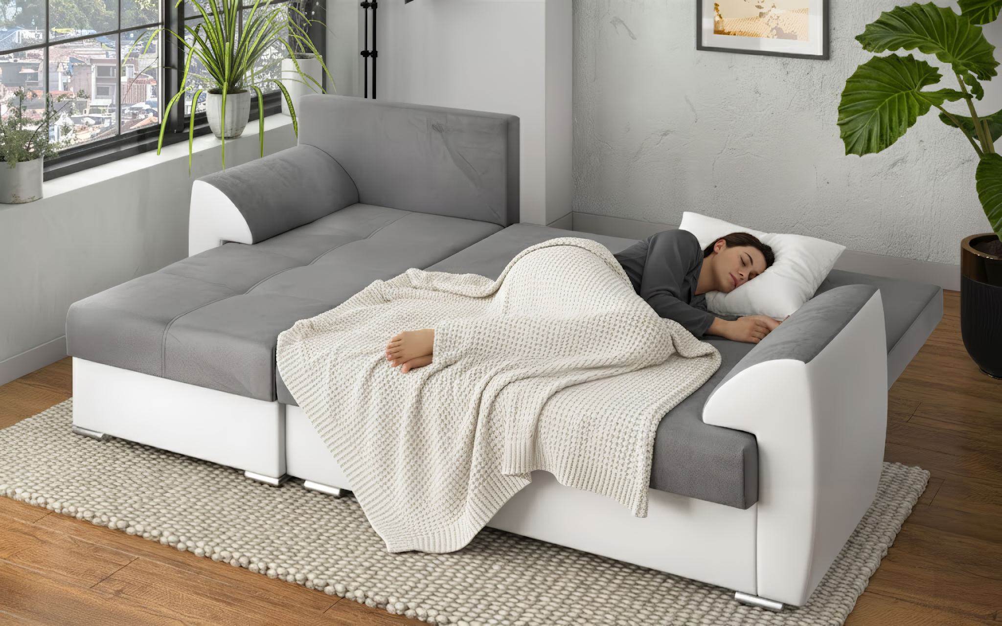 Coltar extensibil Deman, gri + piele alba  4