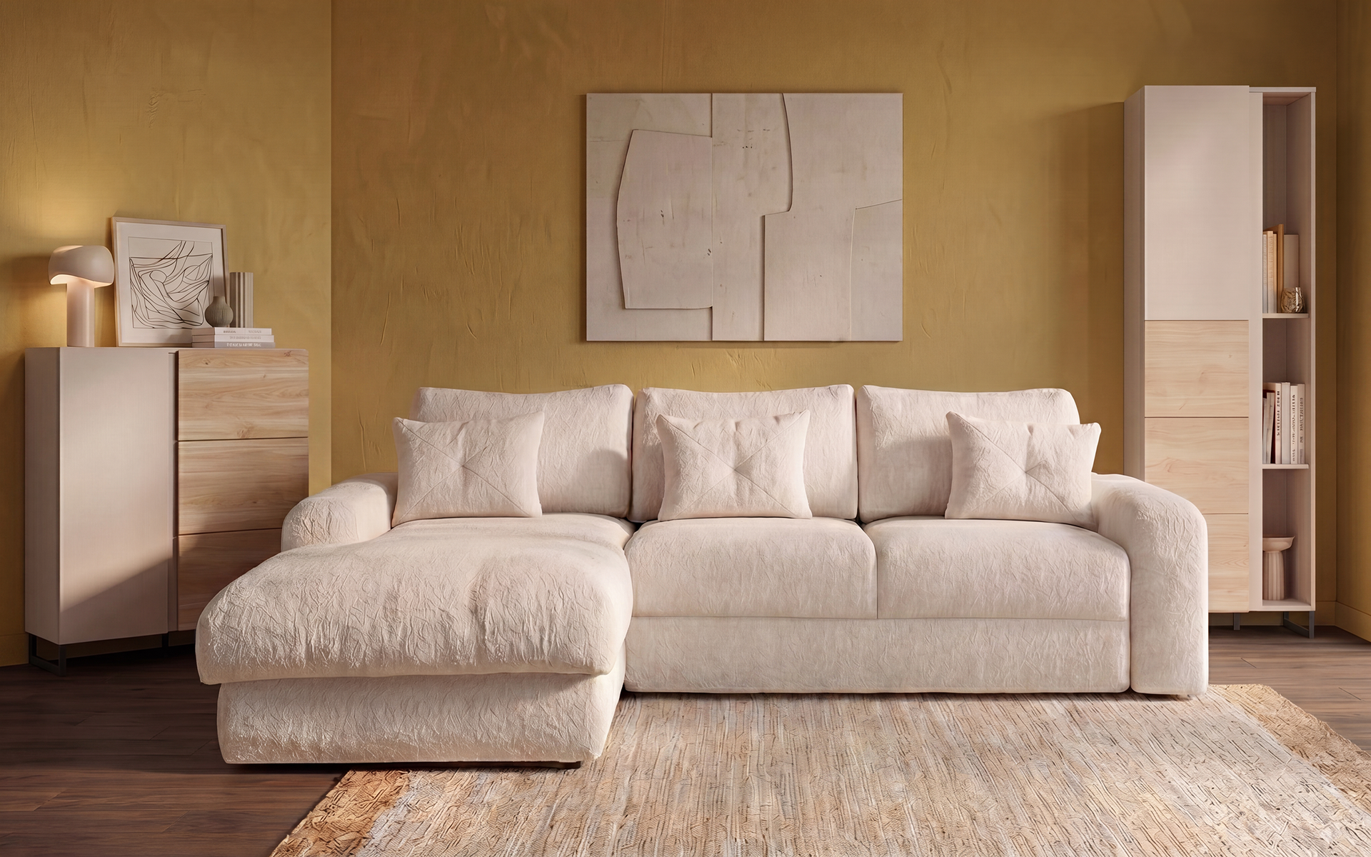 Set living Elmond, bej + casmir + stejar Castello honey + negru  1
